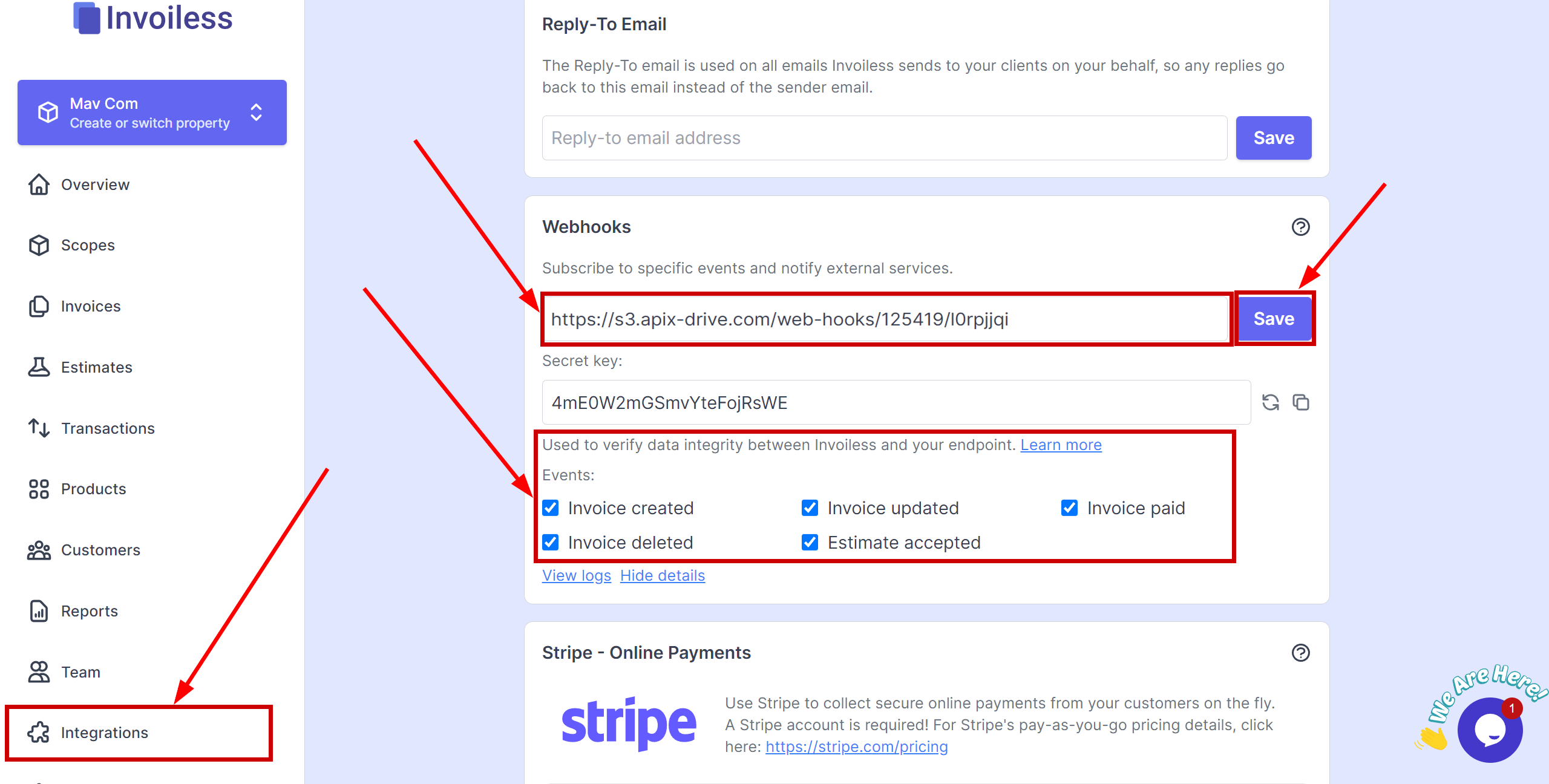 How to Connect Invoiless as Data Source | Webhook settings