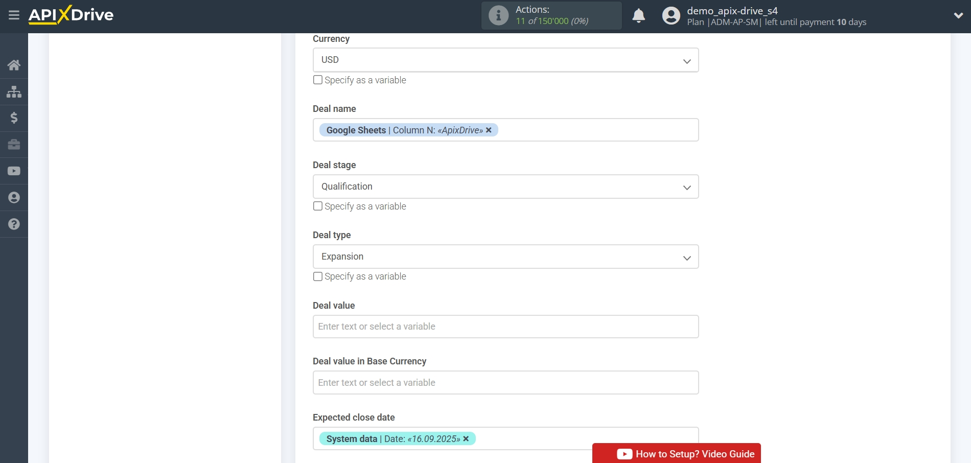 How to setup&nbsp;Freshworks Update Deal / Create Deal | Assigning Fields