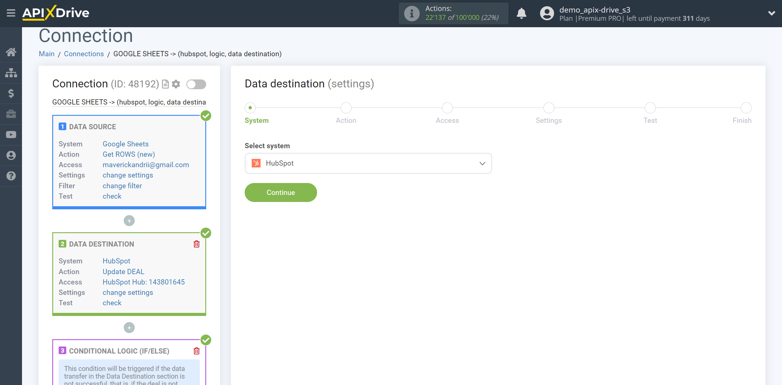 How to setup HubSpot Update Deal / Create Deal | System selection a Data Destination