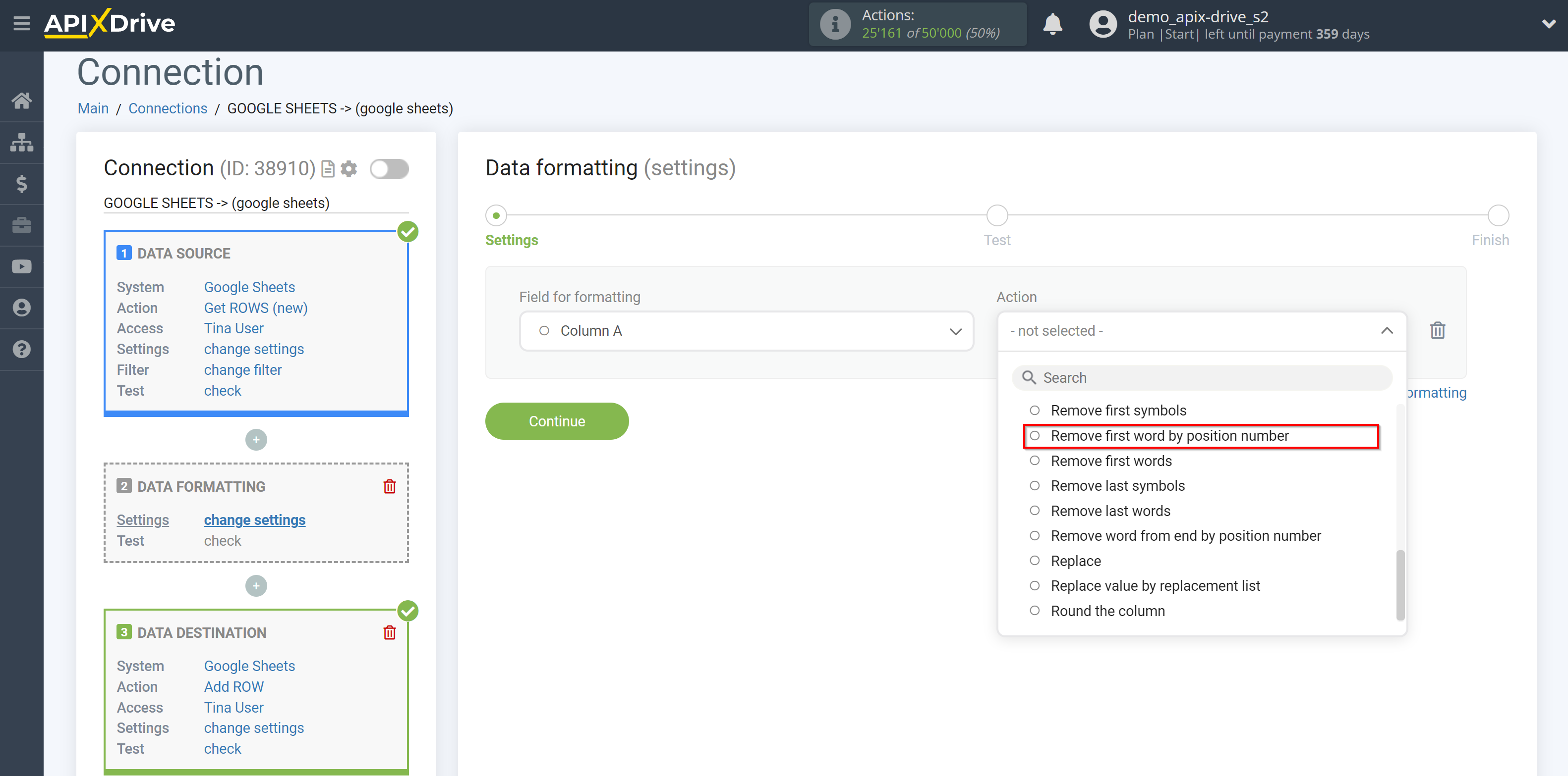 How to setup Data Formatting | Selecting the function&nbsp;Remove first word by position number