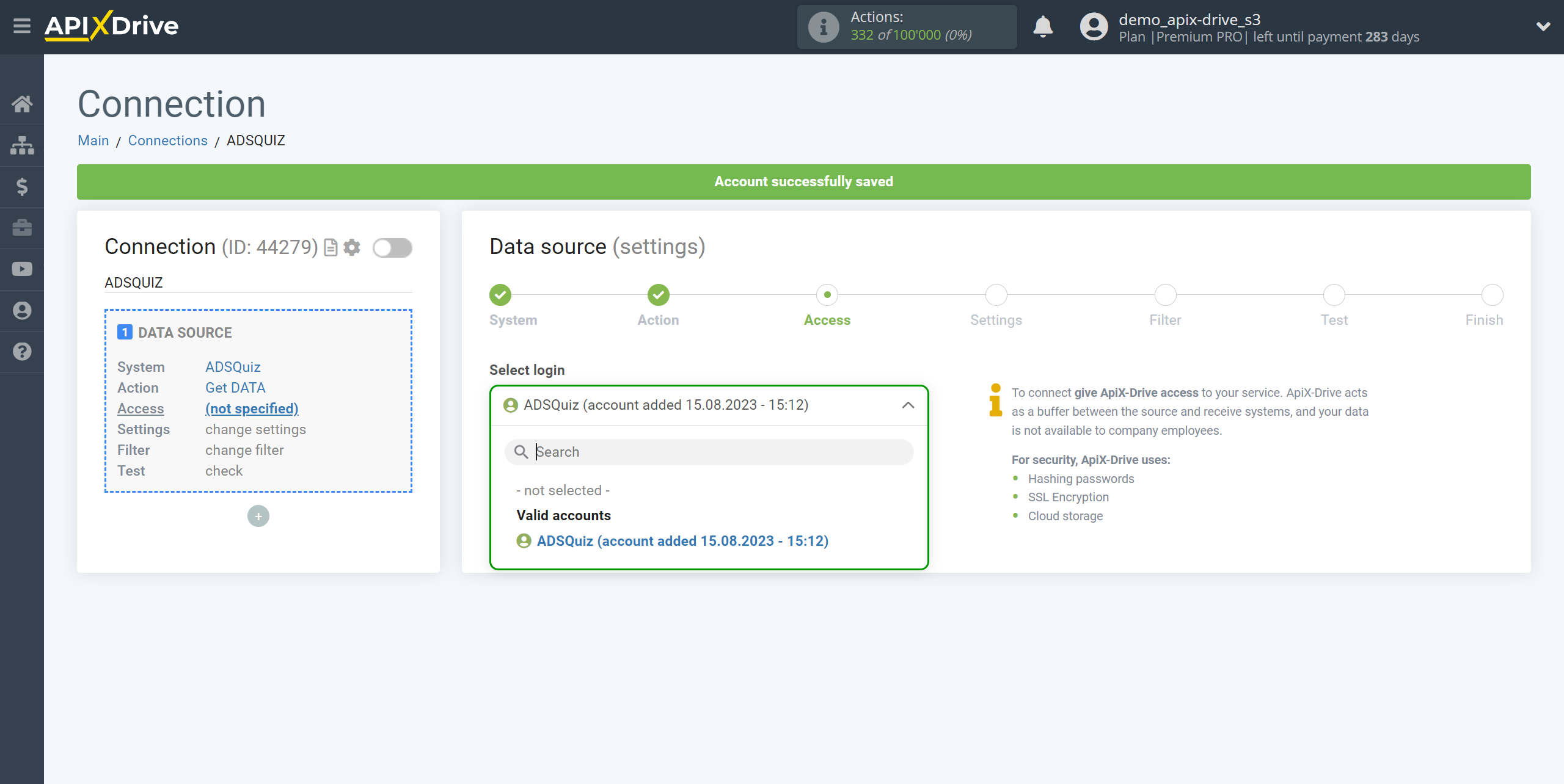 How to Connect ADSQuiz as Data Source | Account selection