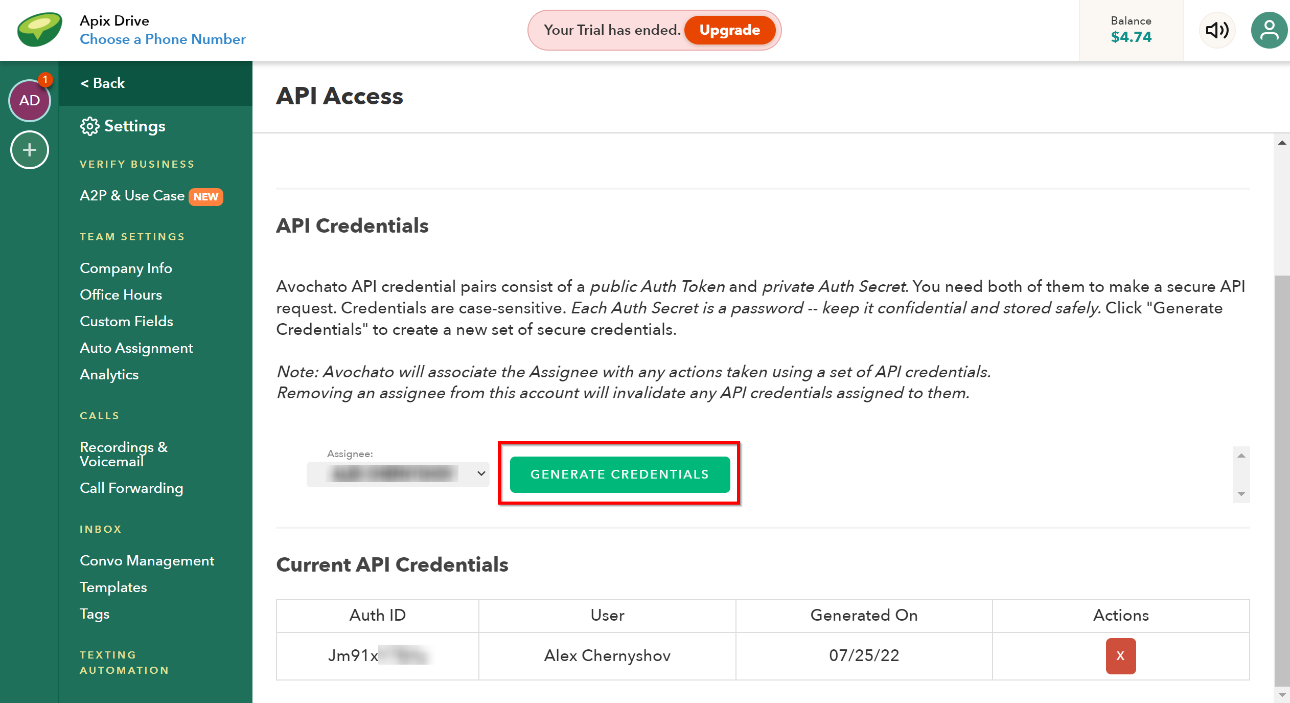 How to Connect Avochato as Data Destination | Account connection