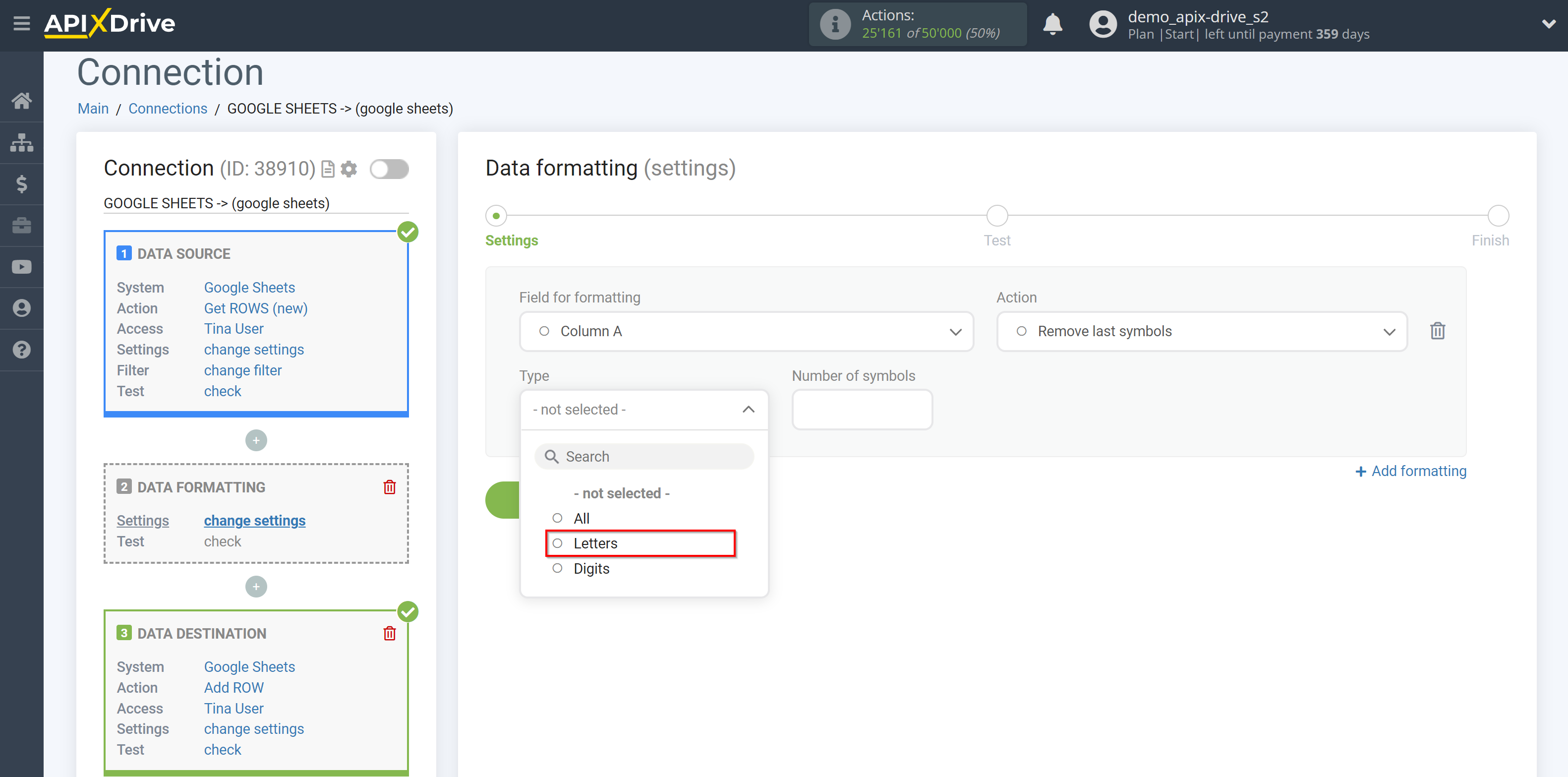 How to setup Data Formatting | Selecting the function Remove last symbols