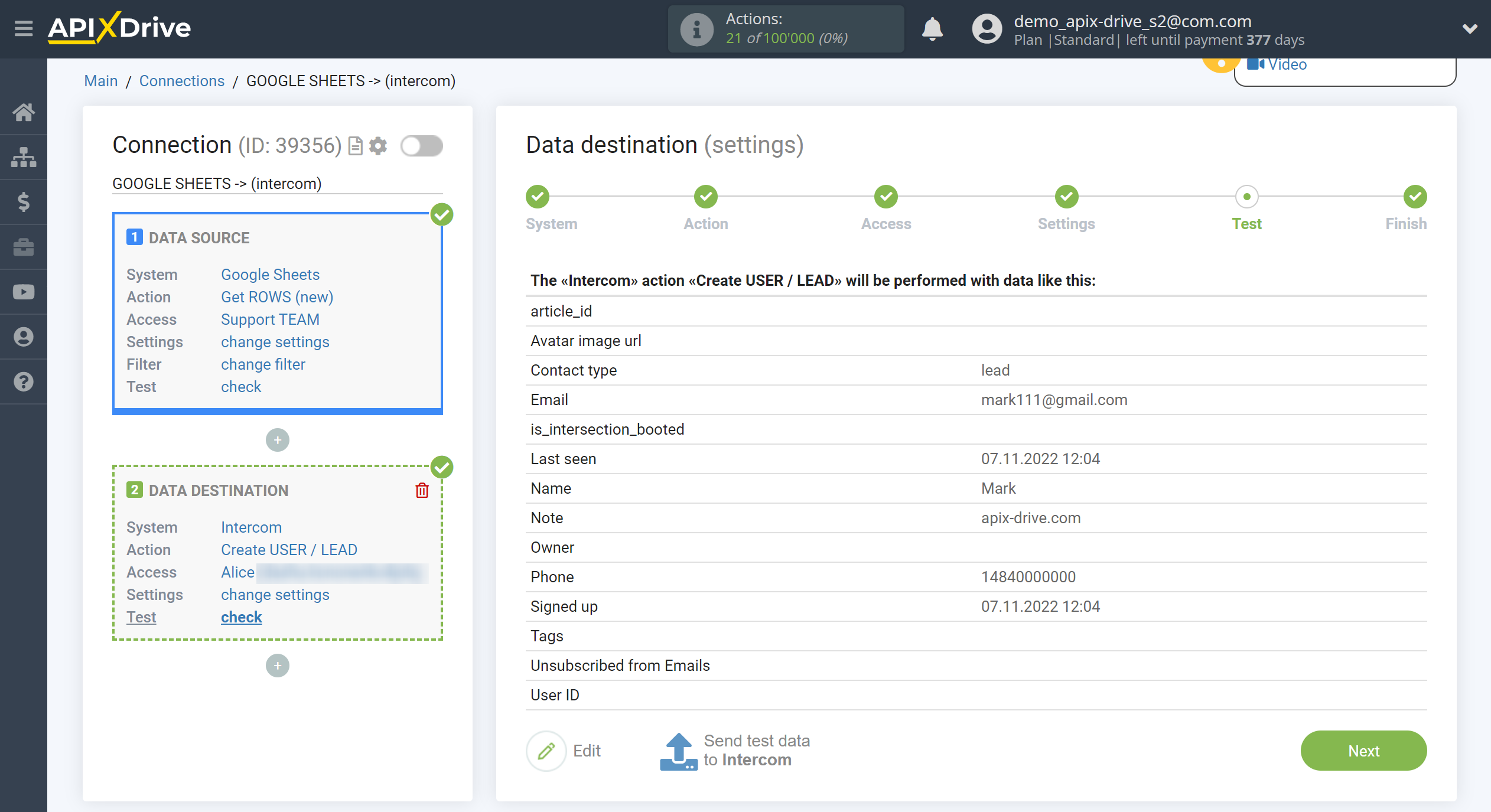 How to Connect Intercom as Data Destination | Test data