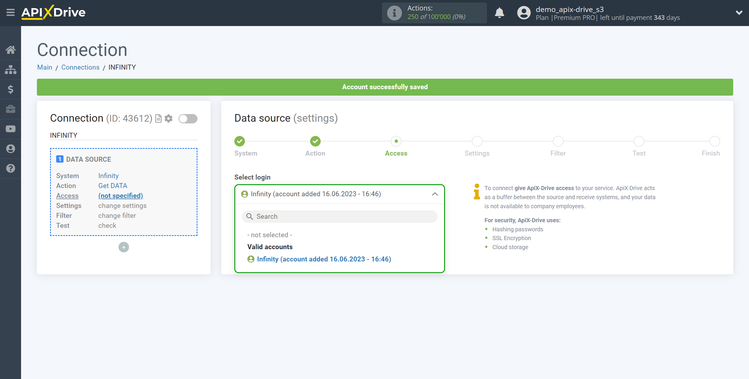 How to Connect Infinity as Data Source | Account selection