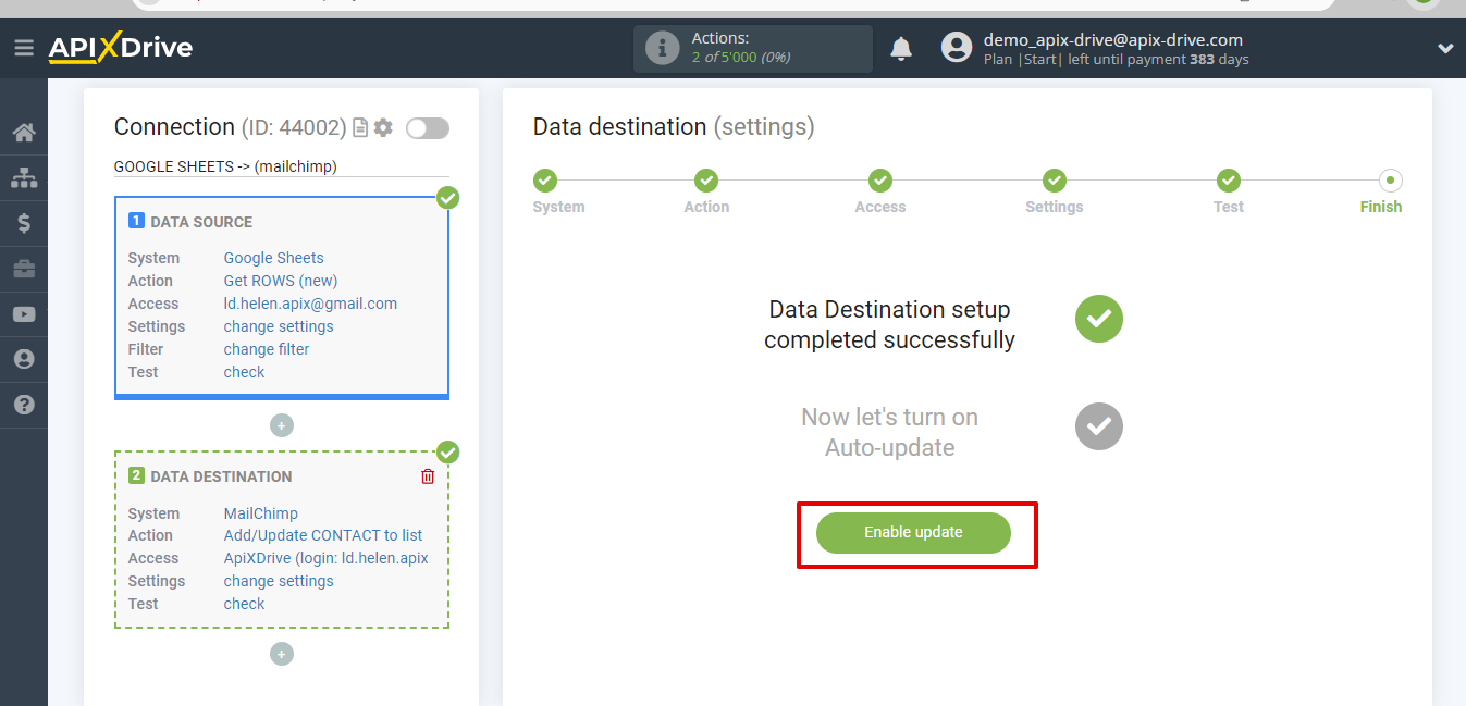 How to Connect MailChimp as Data Destination | Enable auto-update