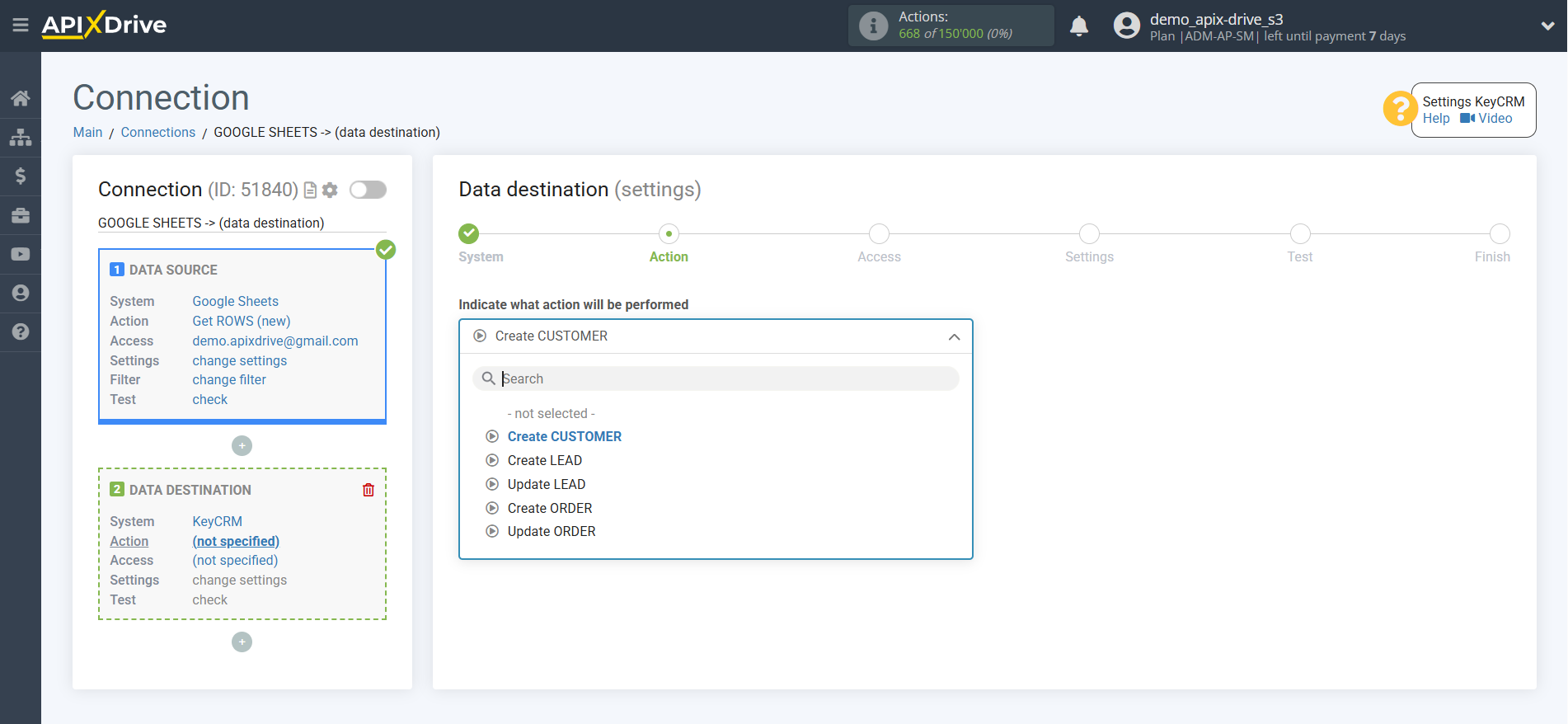 Adding a Data Destination | Selecting an Action