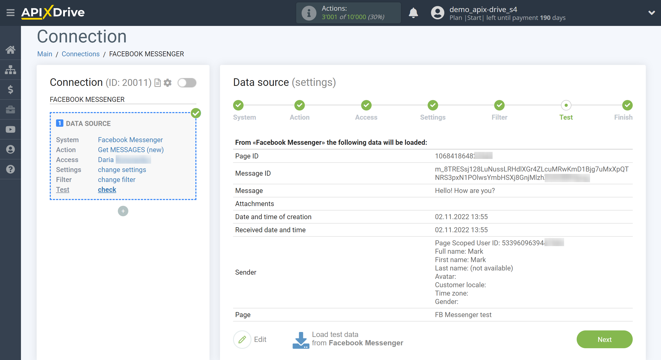 How to Connect Facebook Messenger as Data Source | Test data