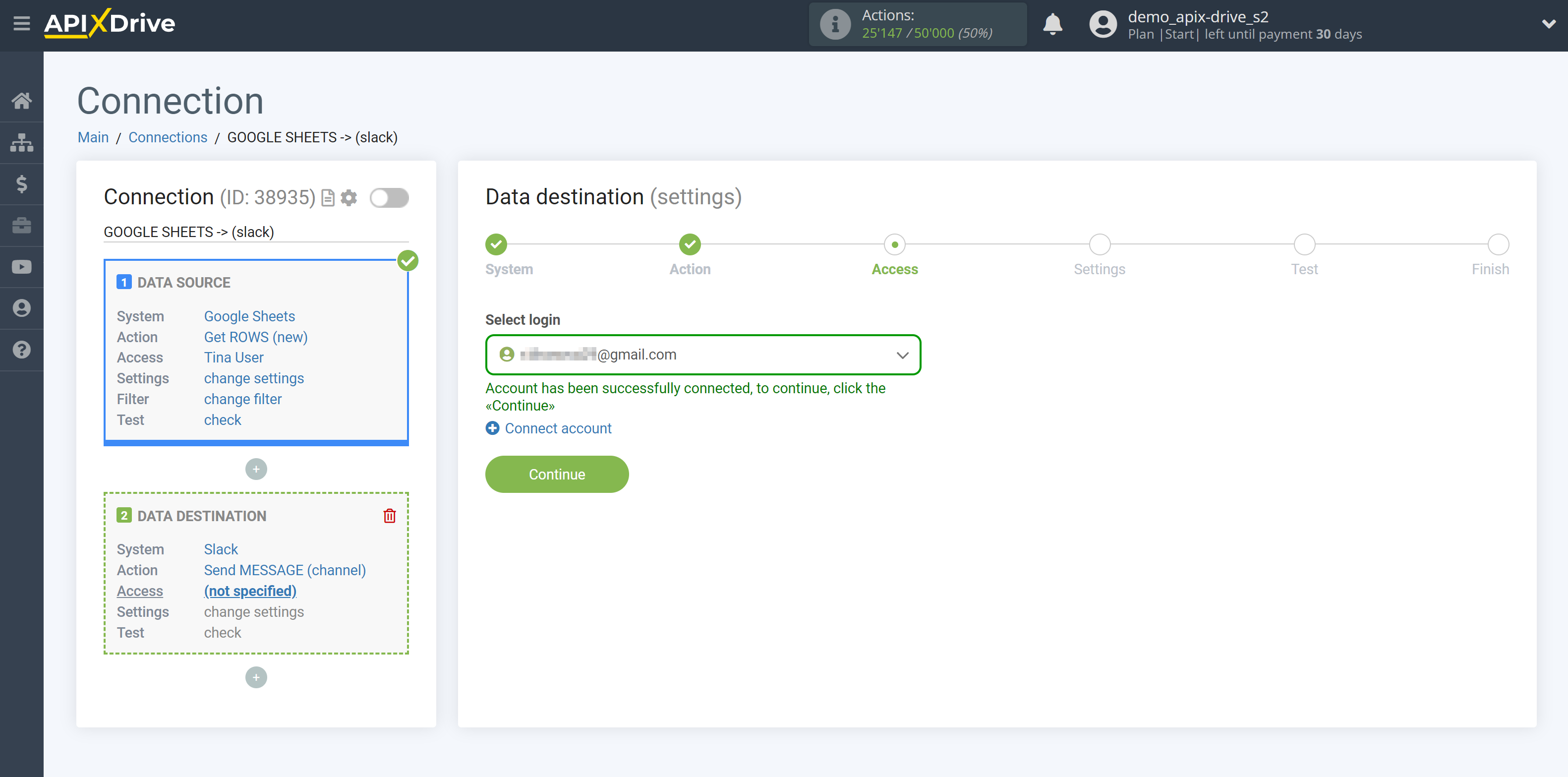 How to Connect Slack as Data Destination | Account selection