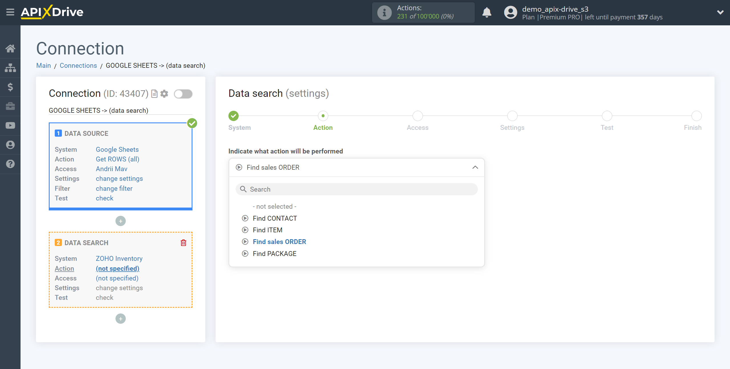 Setting up Zoho Inventory Sales Order Search in Google Sheets | Action selection