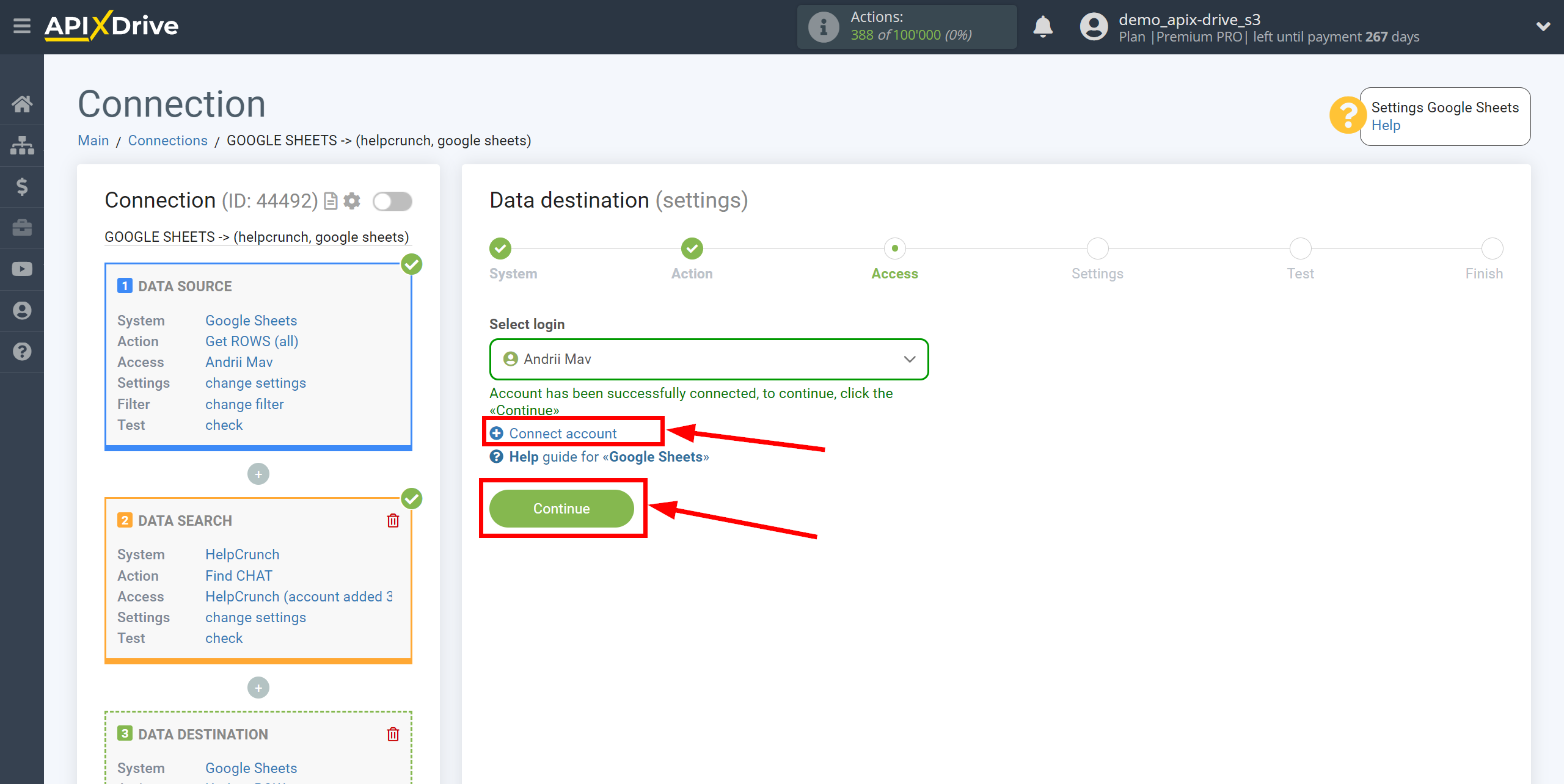 Setting up HelpCrunch Chat Search in Google Sheets | Account selection