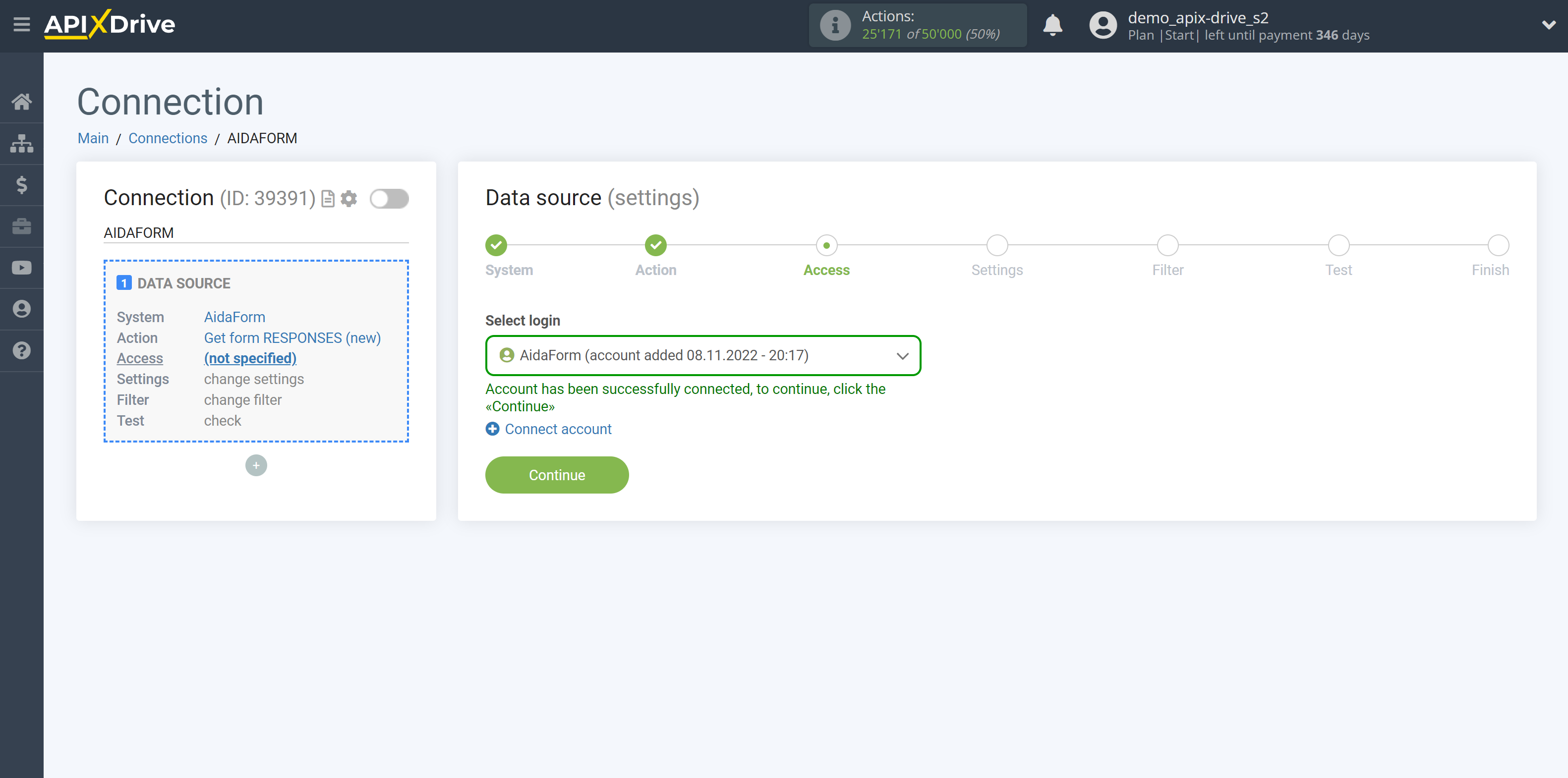 How to Connect AidaForm as Data Source | Account selection