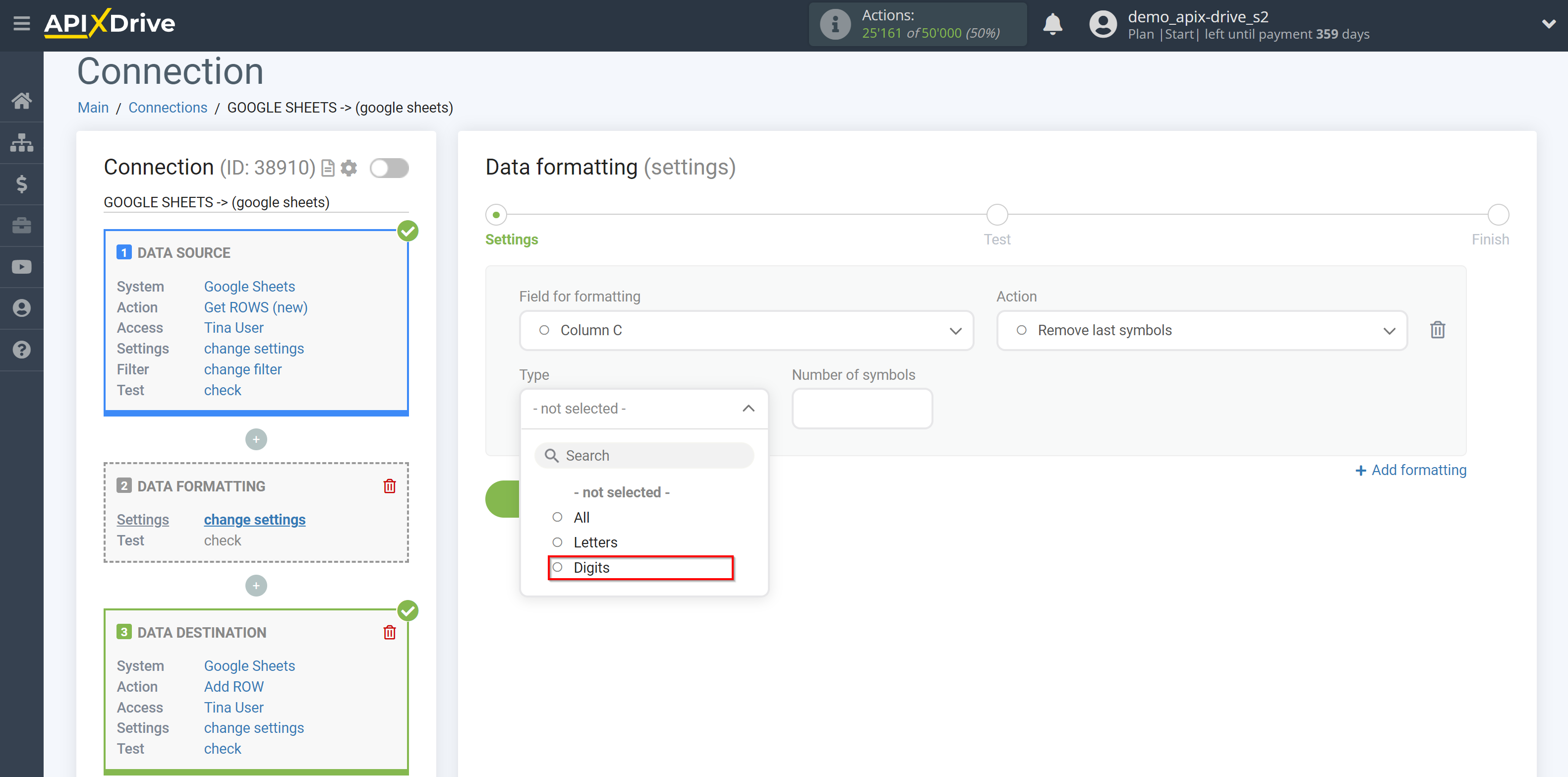 How to setup Data Formatting | Selecting the function Remove last symbols