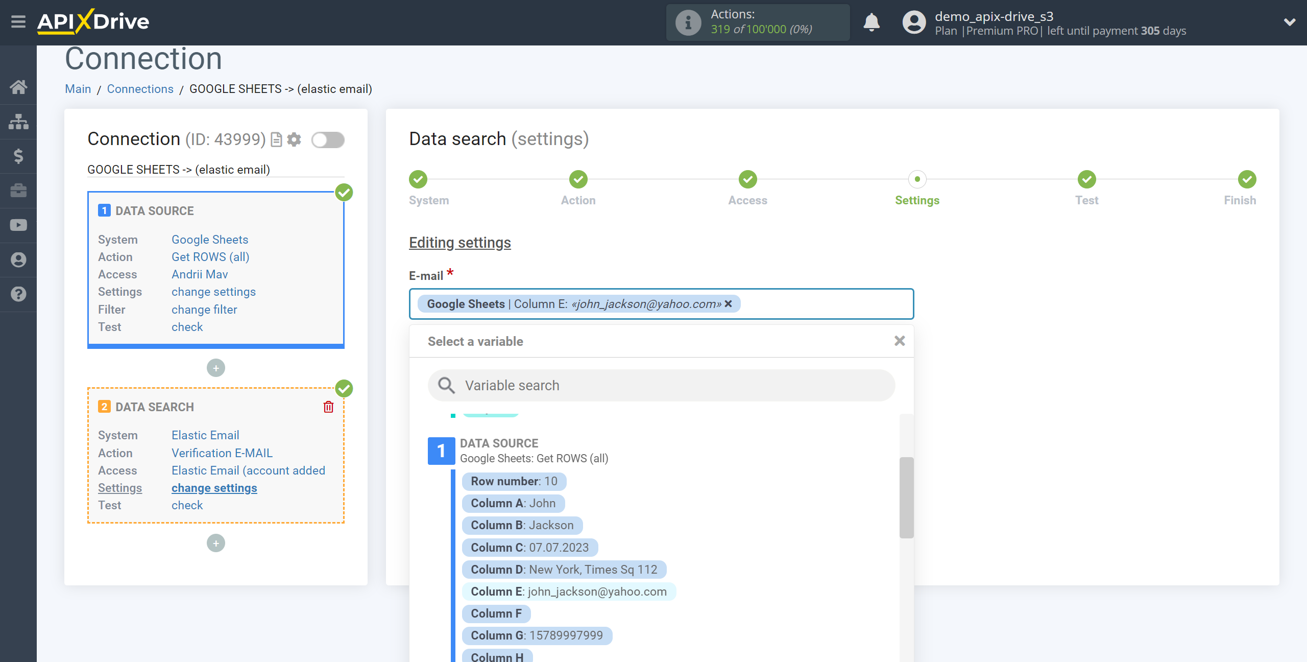 Setting Search to Verification E-MAIL Elastic Email in Google Sheets | Assigning fields