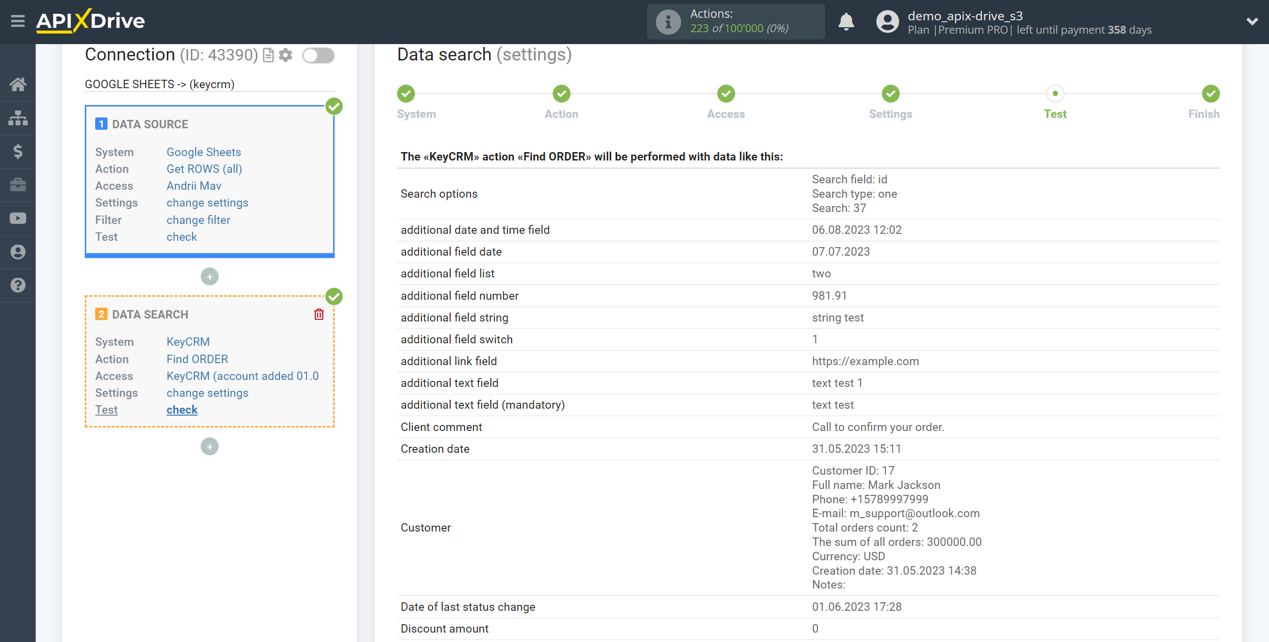 Setting up KeyCRM Order Search in Google Sheets | Test data