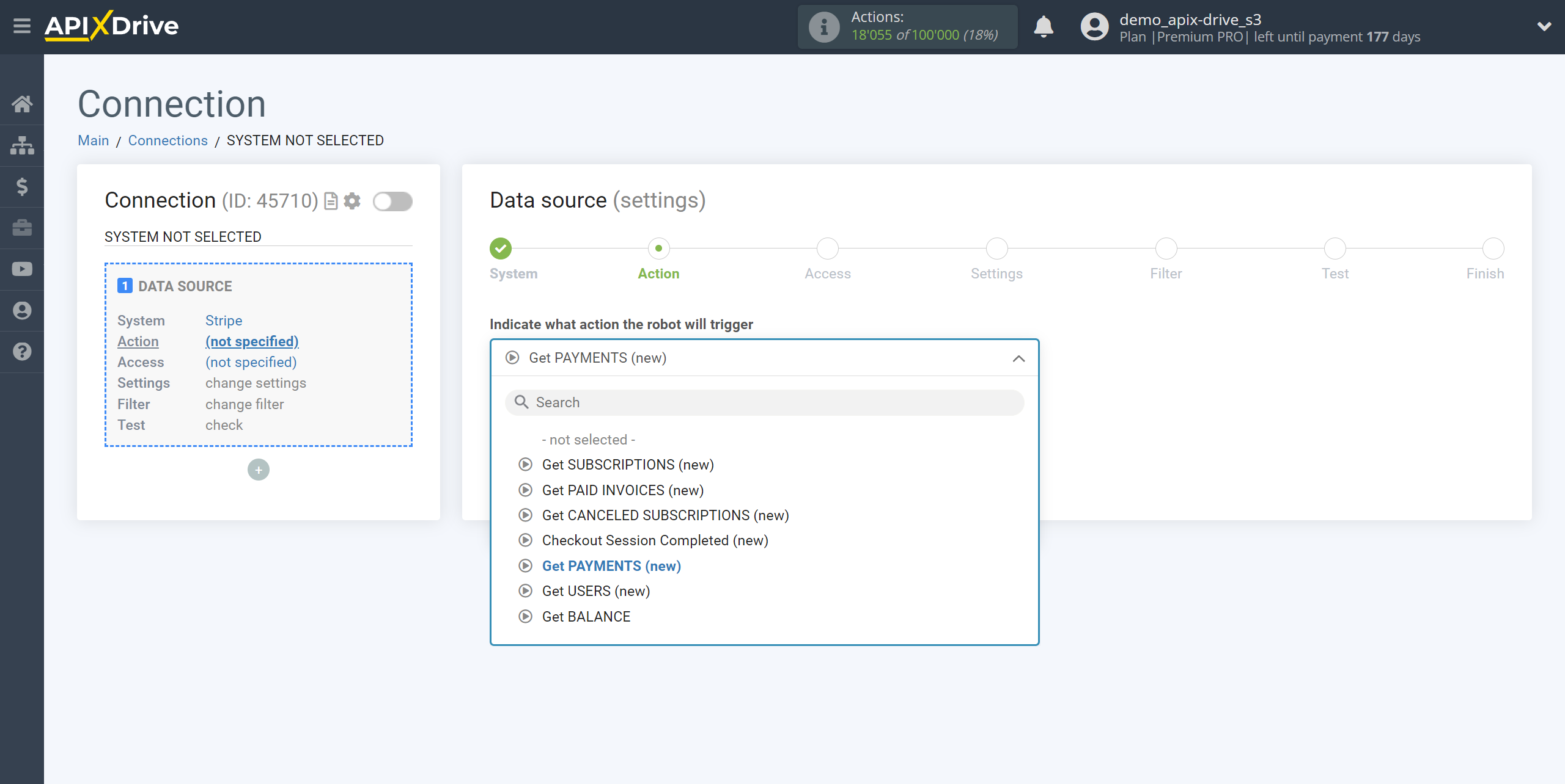 How to Connect Stripe as Data Source | Action selection