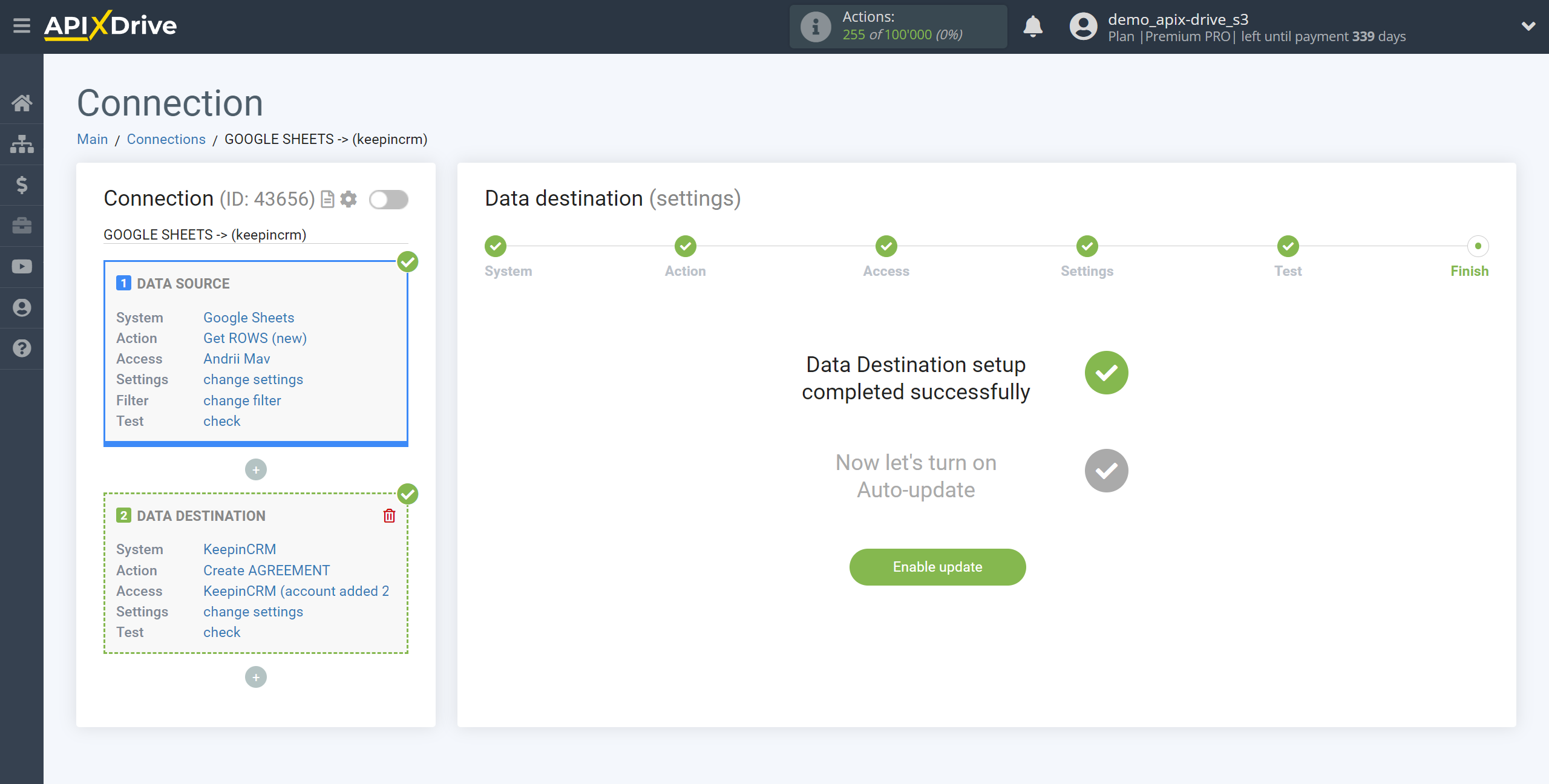 How to Connect KeepinCRM as Data Destination | Enable auto-update