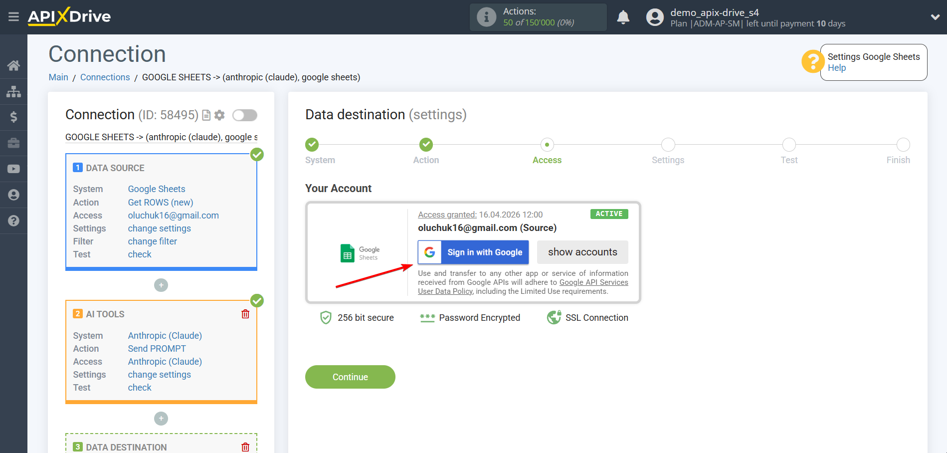 Setting up Anthropic in Google Sheets | Account selection