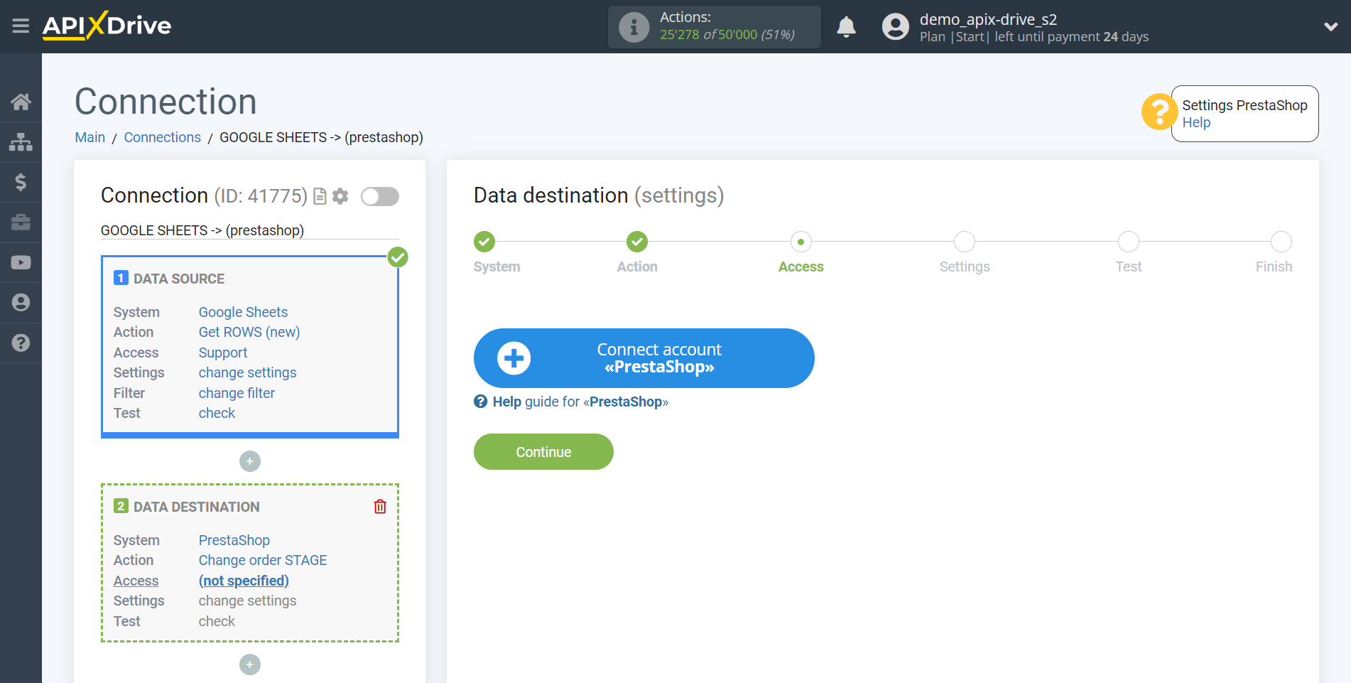 How to Connect PrestaShop as Data Destination | Account connection