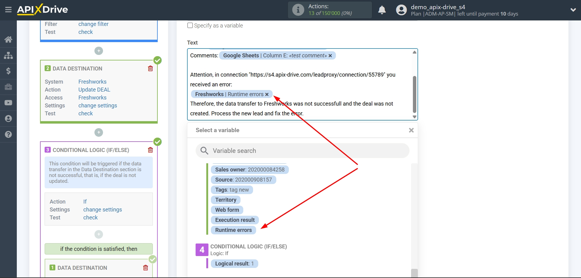How to setup&nbsp;Freshworks Update Deal / Create Deal | Adding fields with errors