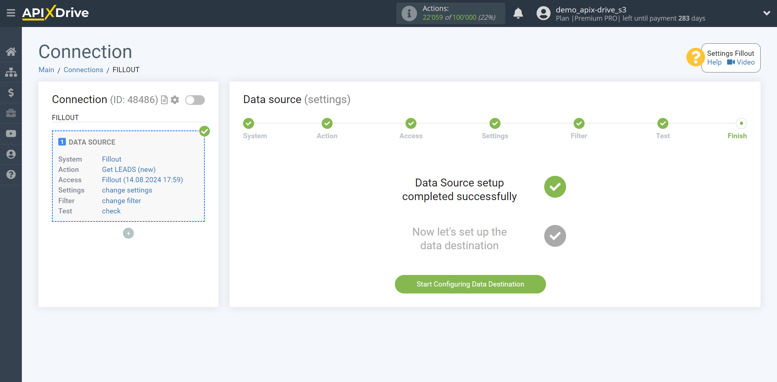 How to Connect Fillout as Data Source | Go to the Data Destination setup