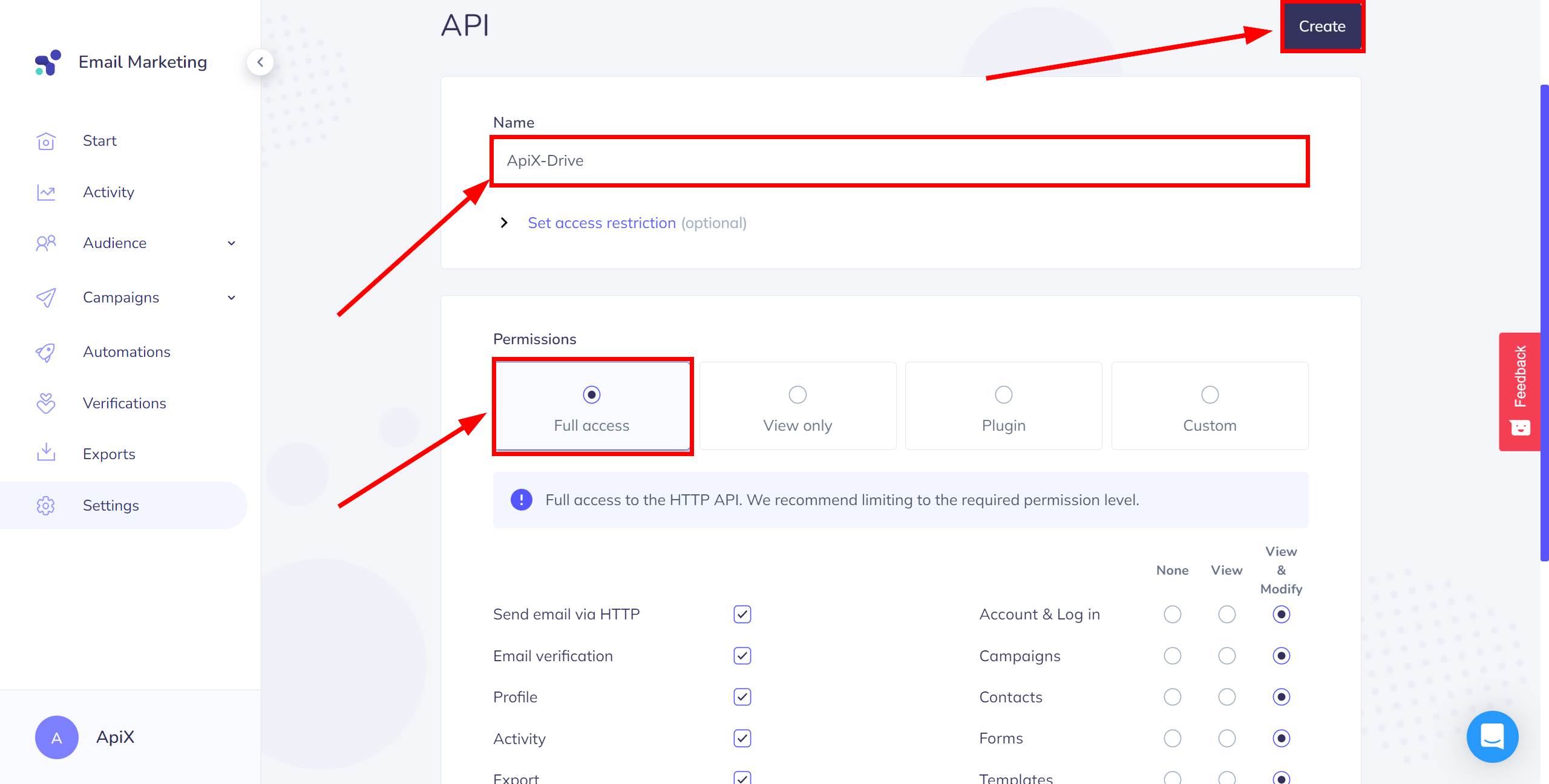 How to Connect Elastic Email as Data Destination | Creating an API Key