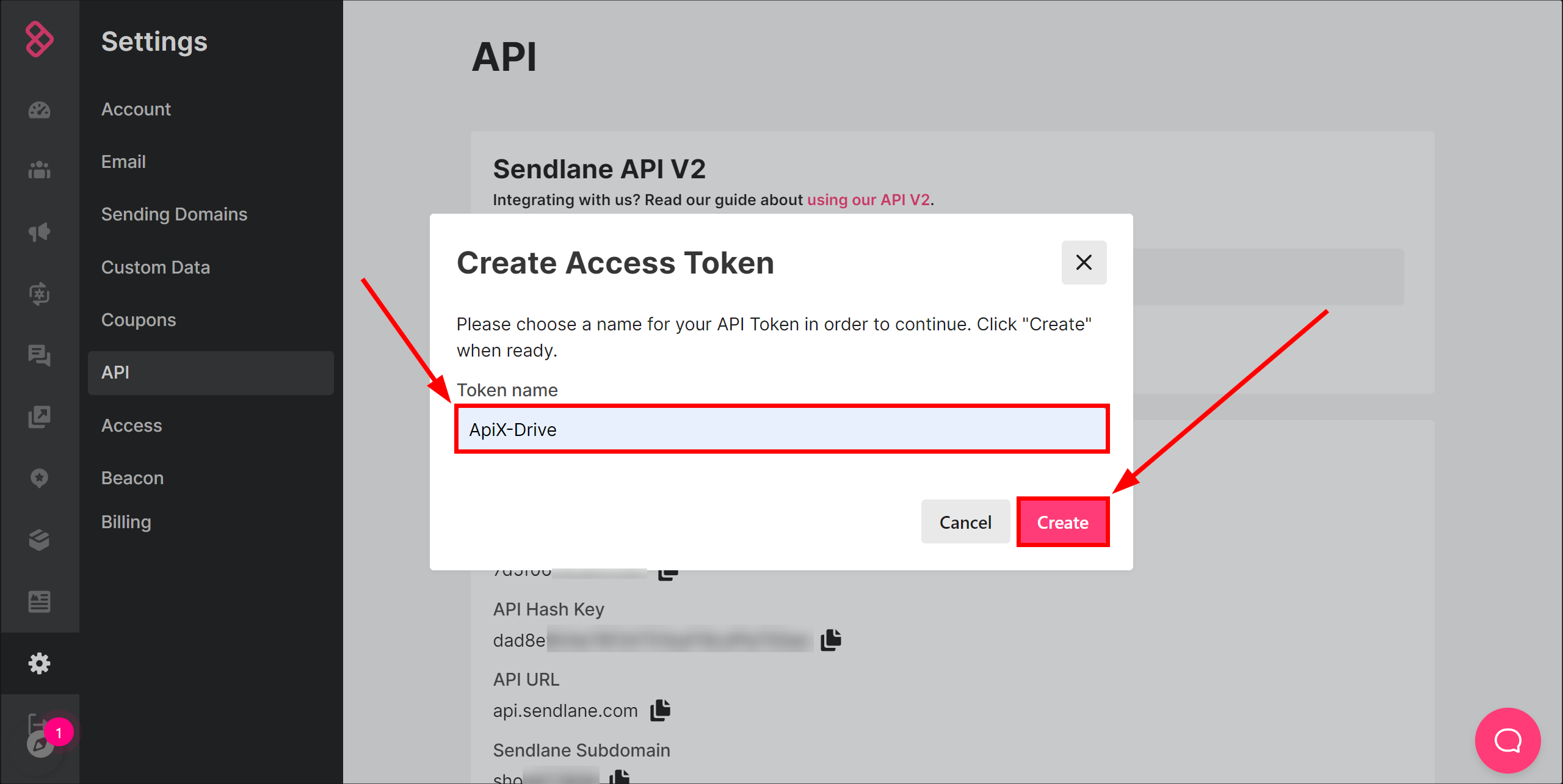 How to Connect Sendlane as Data Destination | Create an API key