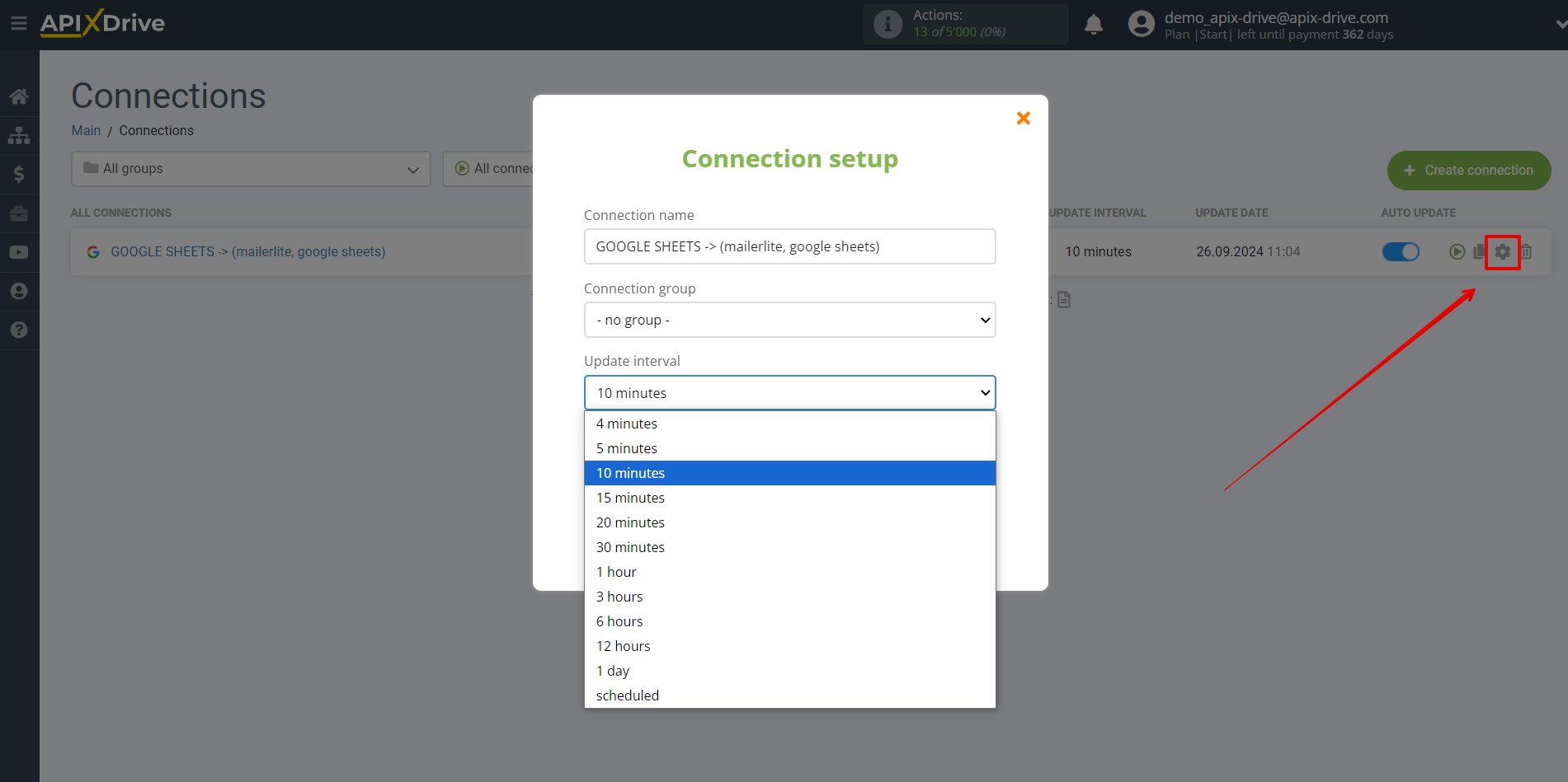 How to Connect MailerLite as Data Destination | Update interval