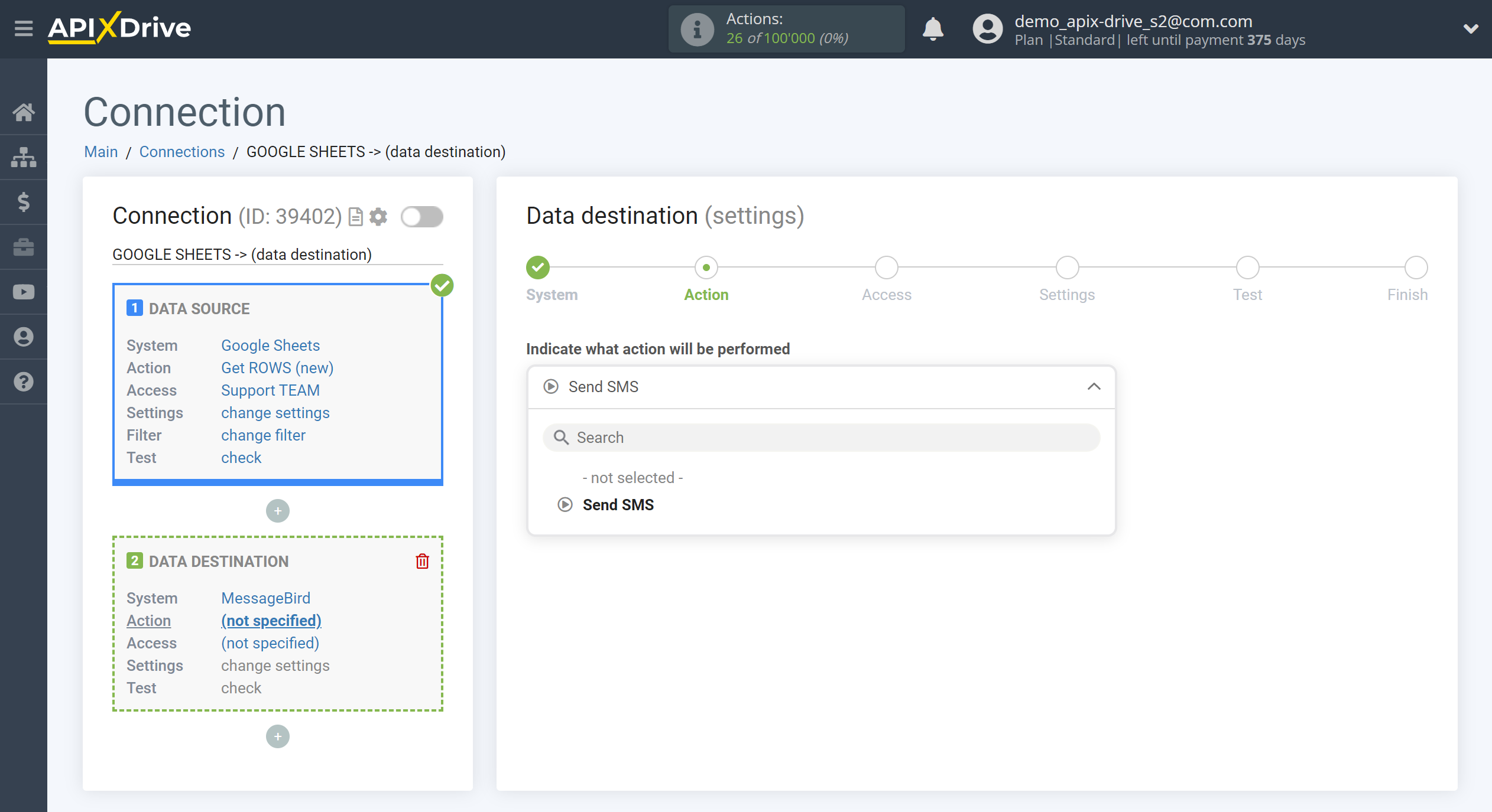 How to Connect MessageBird as Data Destination | Action selection