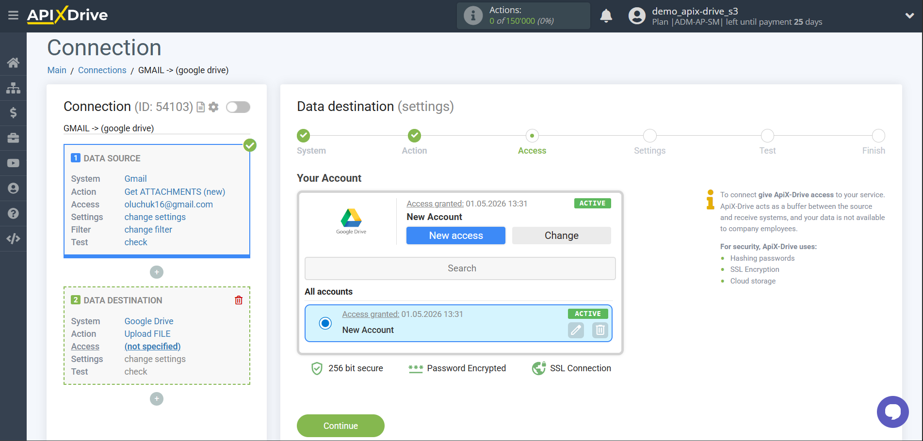 How to Connect Google Drive as Data Destination | Account selection