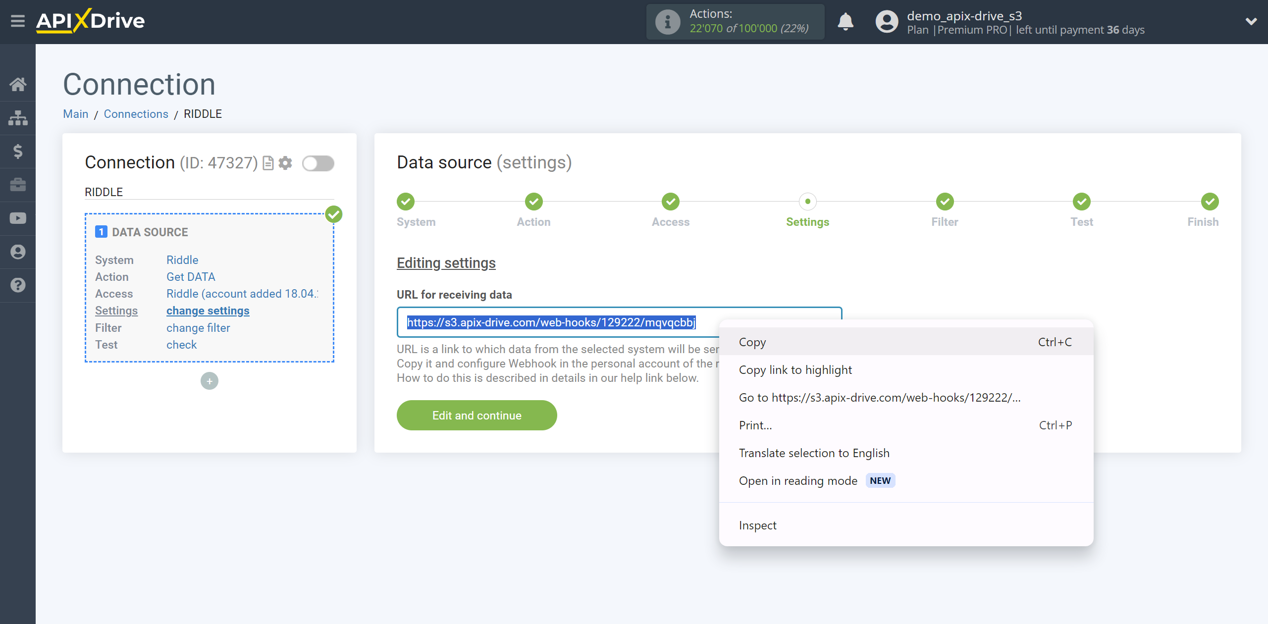 How to Connect Riddle as Data Source | Copying a link to receive data