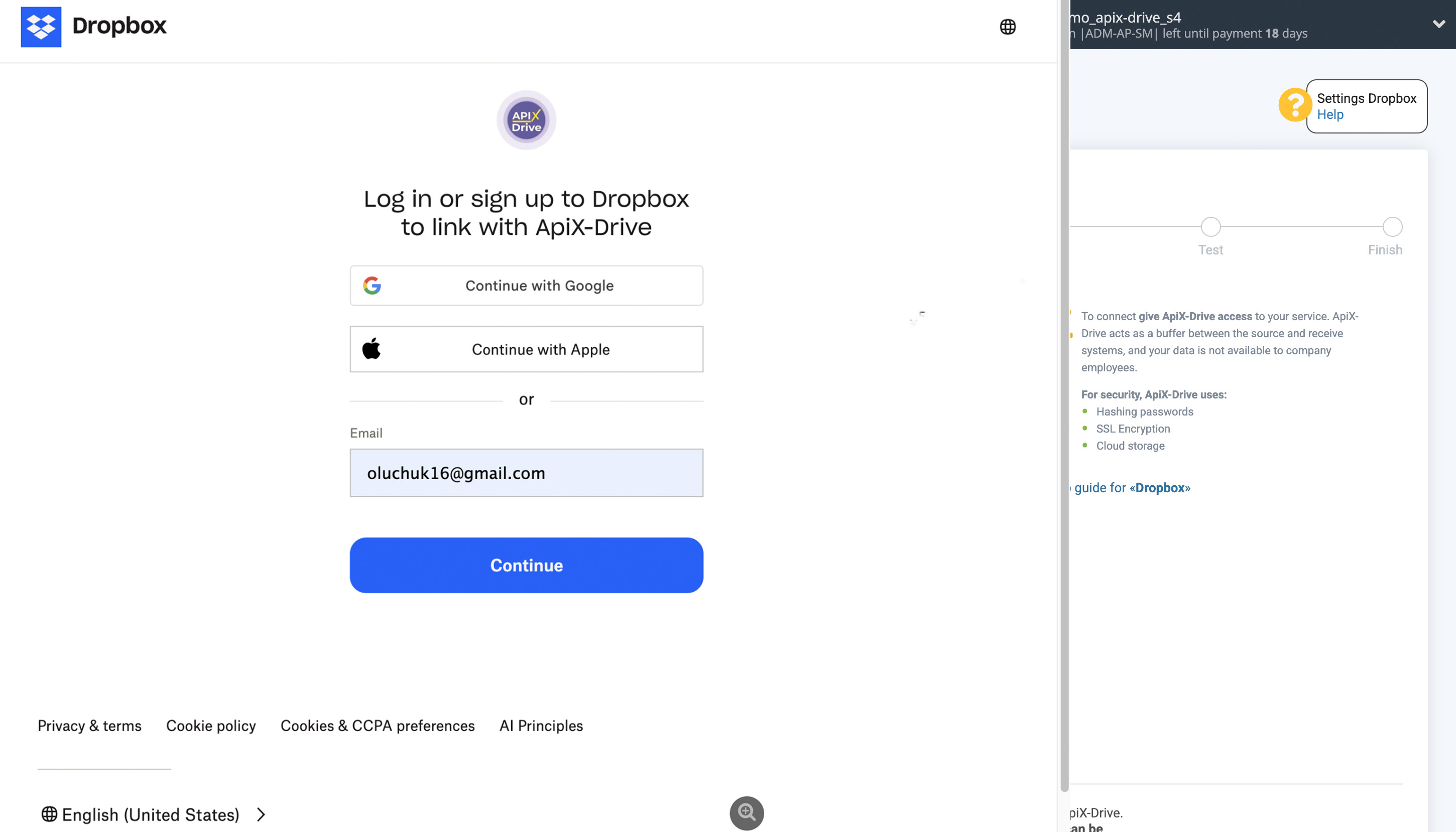 Telegram File Upload Settings to Dropbox | Connecting an account