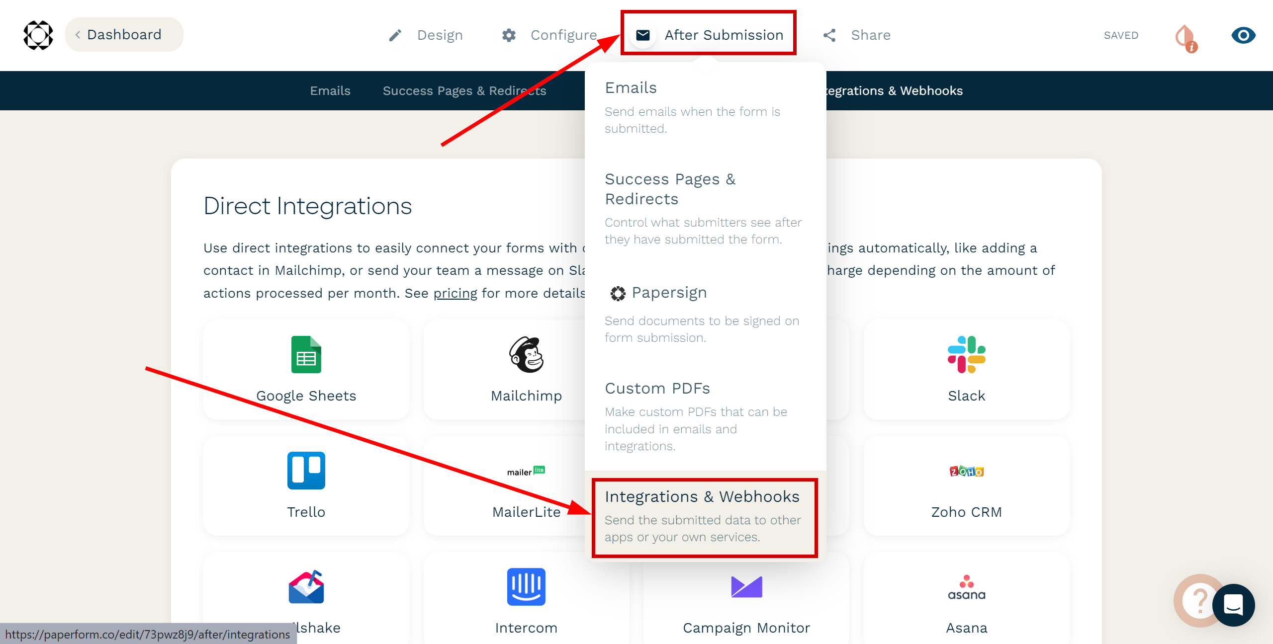 How to Connect Paperform as Data Source | Go to the section of sending data via Webhook