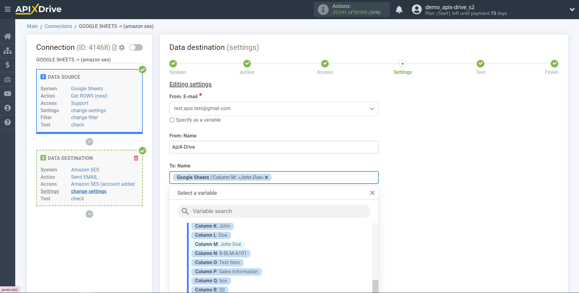 How to Connect Amazon SES as Data Destination | Assigning fields