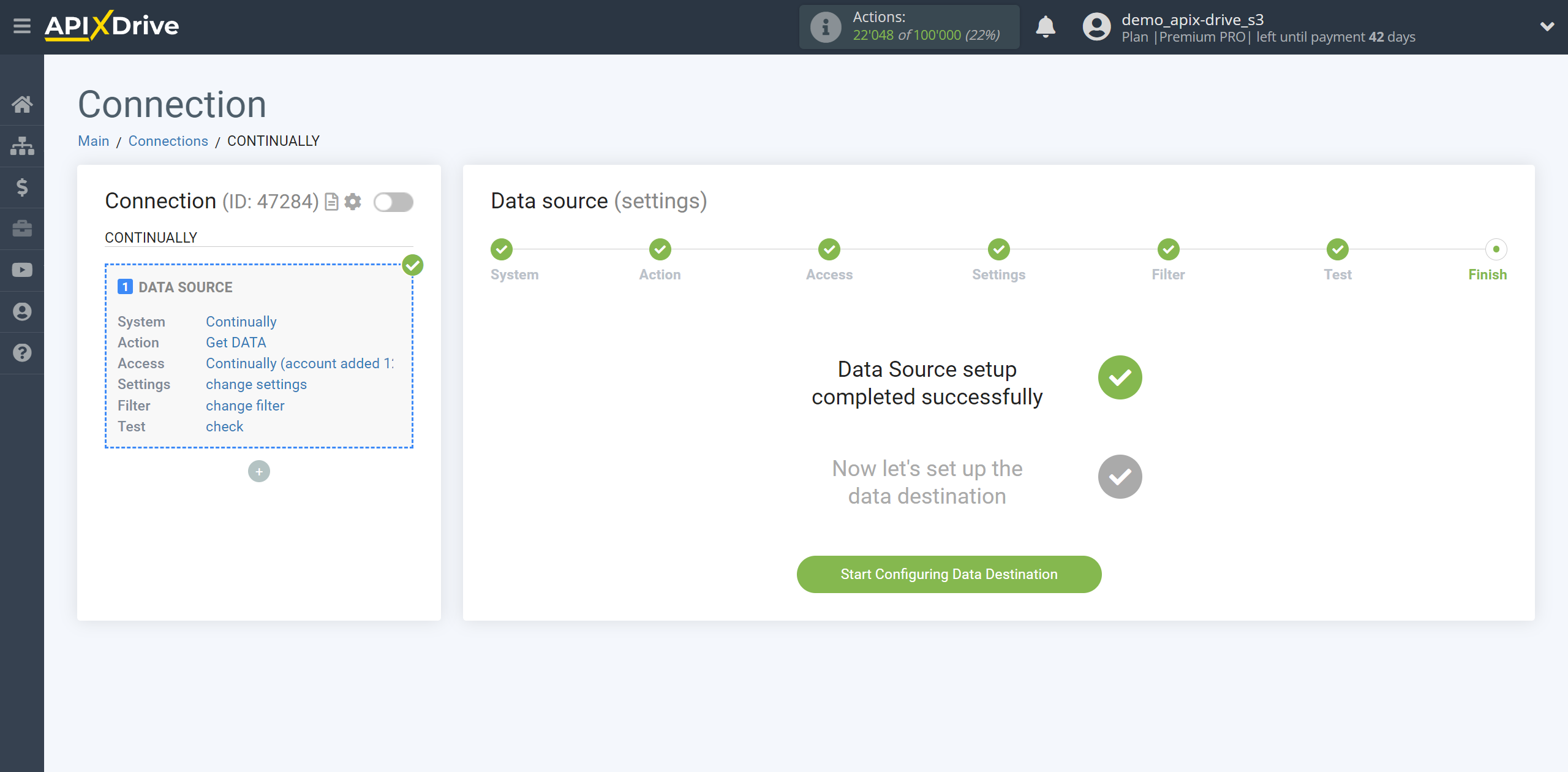 How to Connect Continually as Data Source | Go to the Data Destination setup