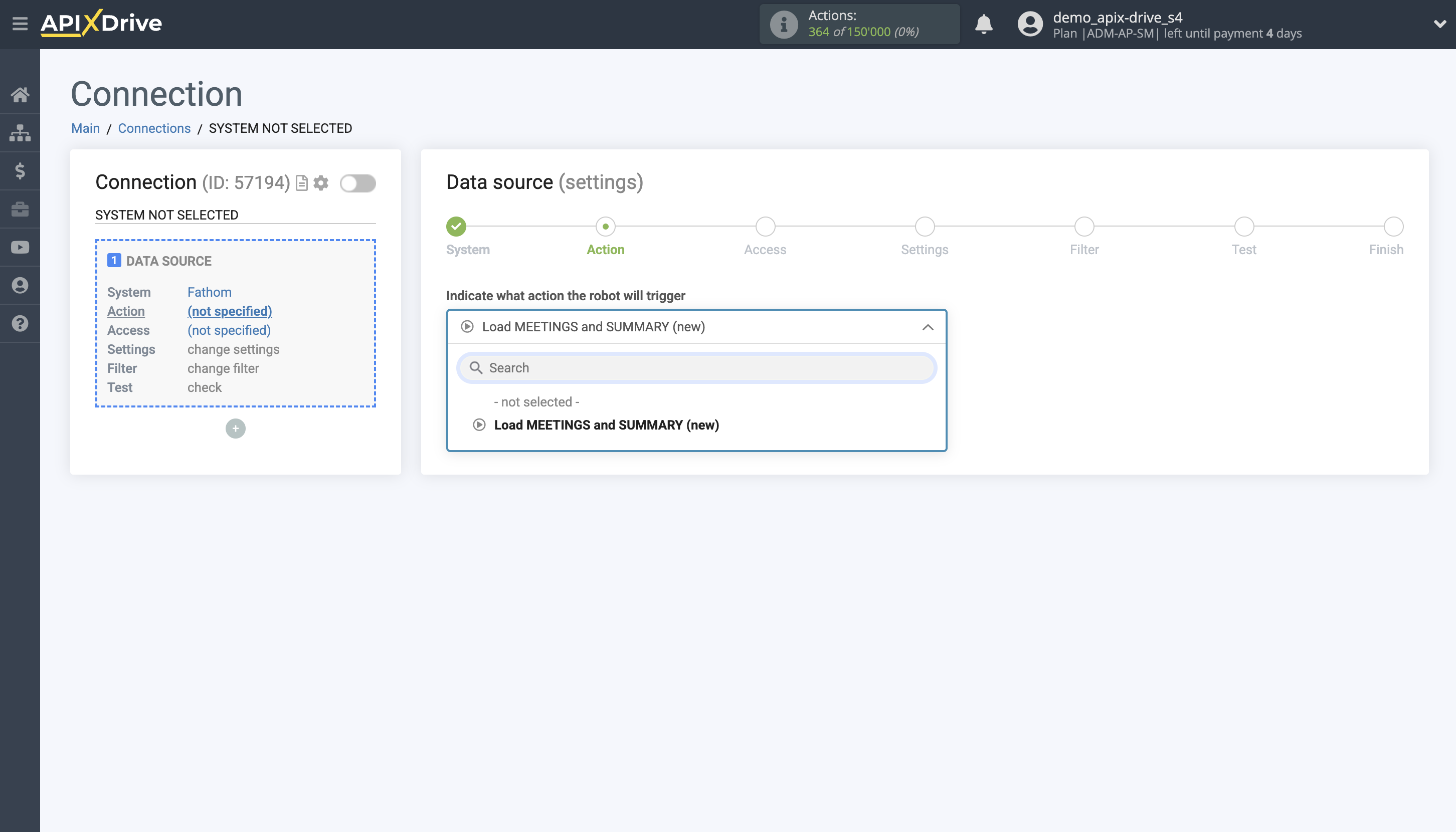 How to Connect Fathom as Data Source | Action selection