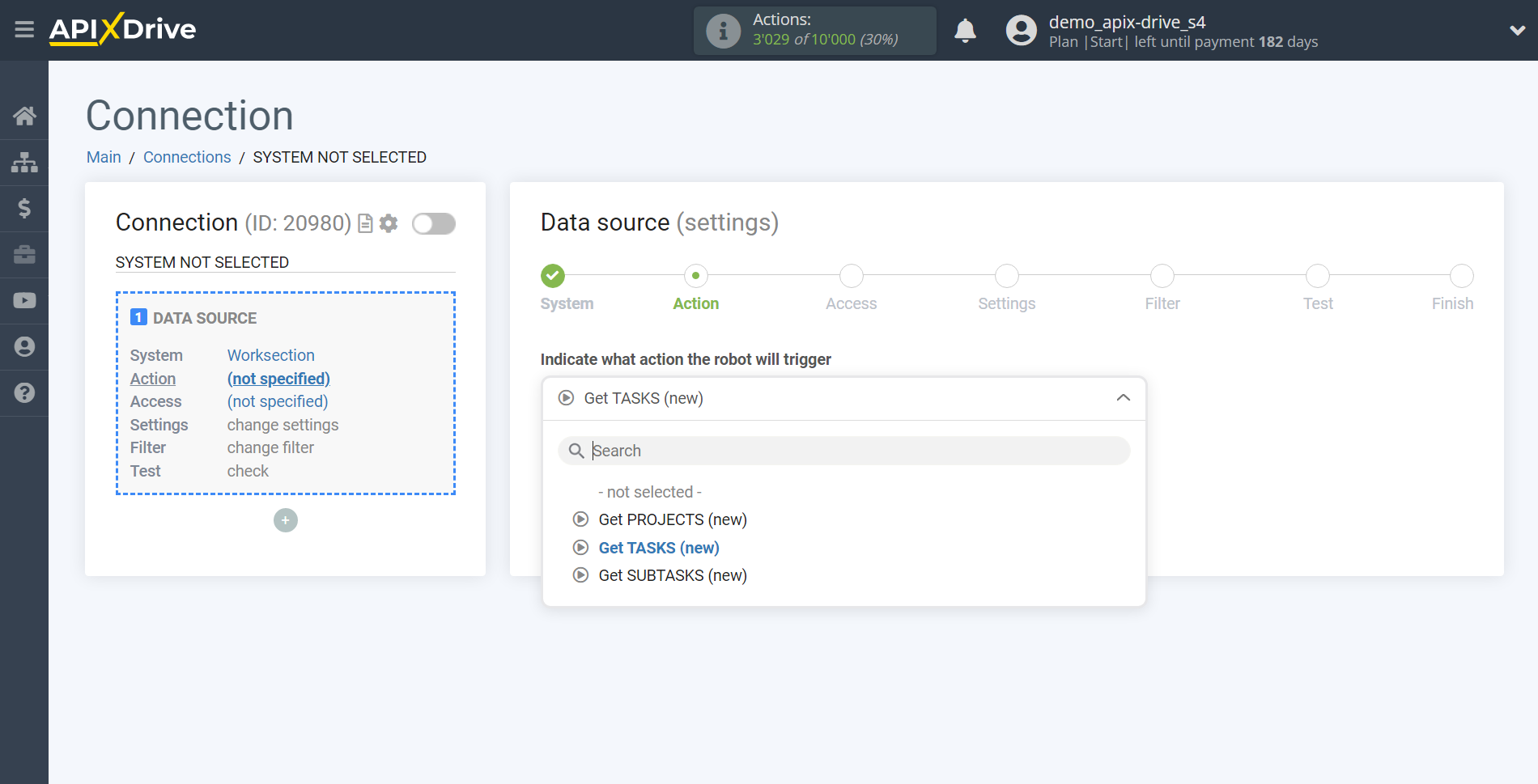 How to Connect Worksection as Data Source | Action selection