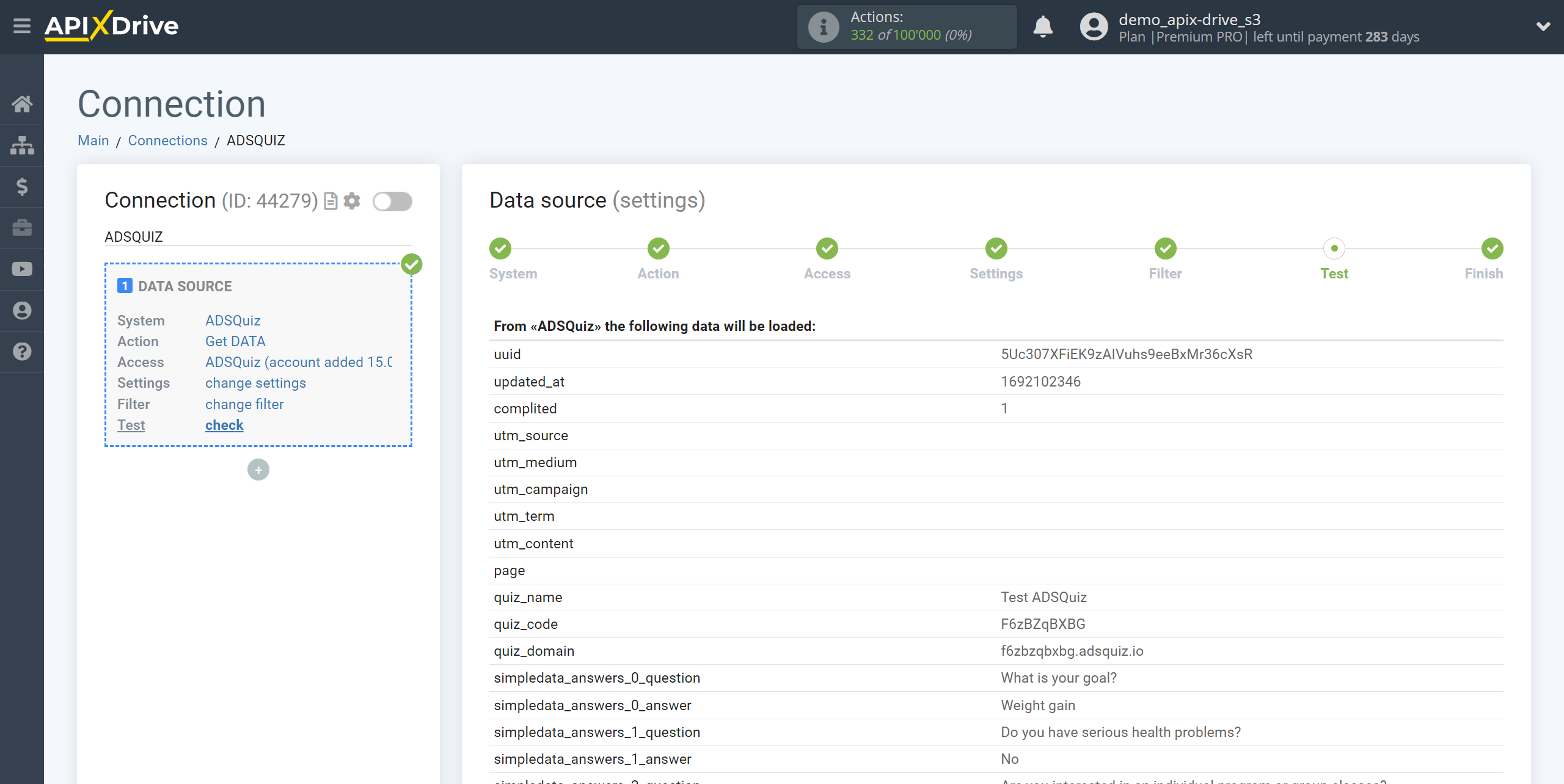 How to Connect ADSQuiz as Data Source | Test data