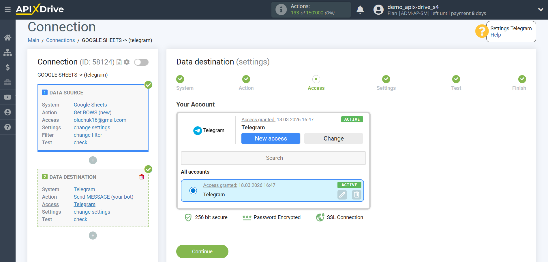 How to Connect Telegram as Data Destination | Account selection