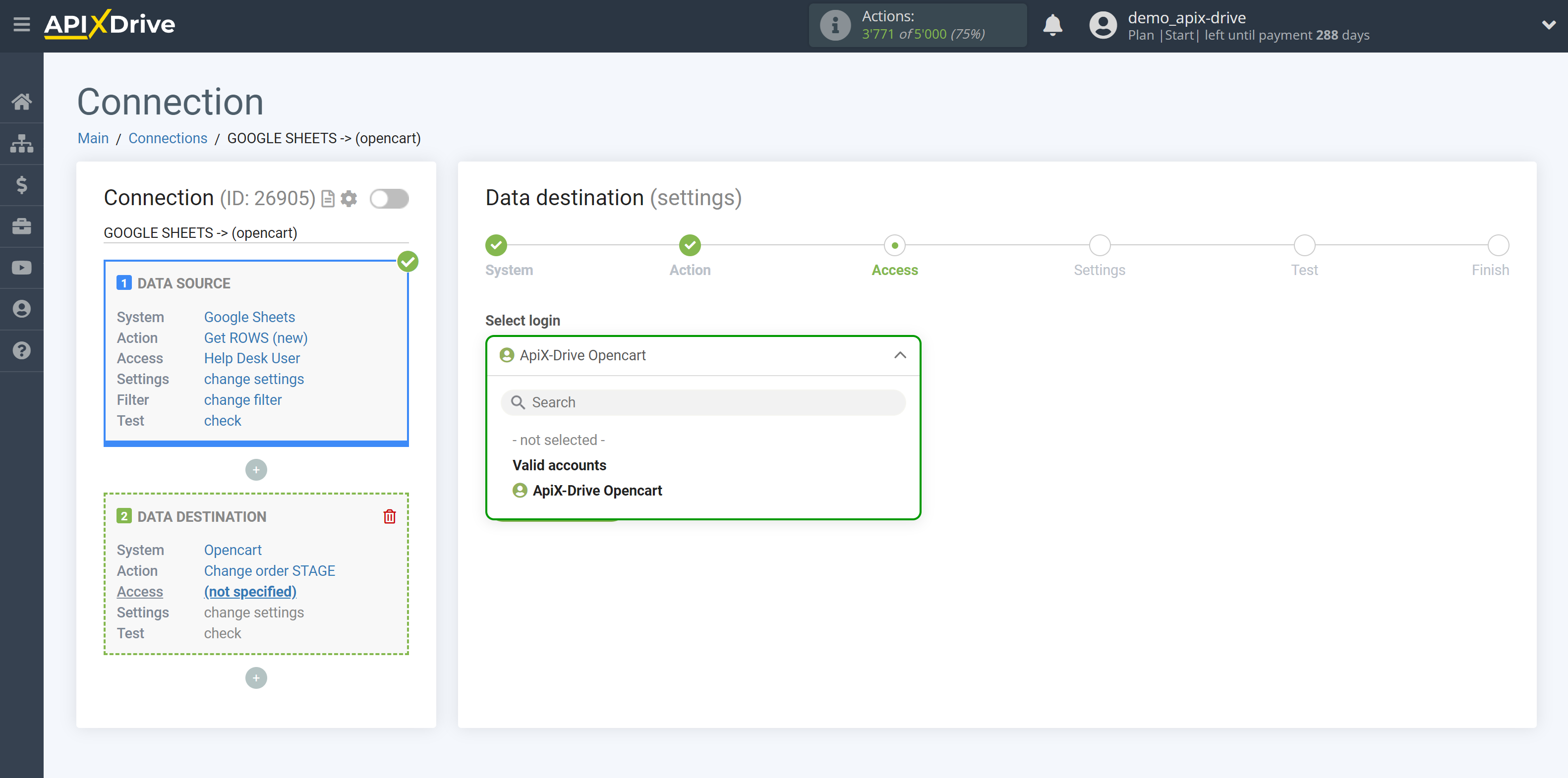 How to Connect Opencart as Data Destination | Account selection