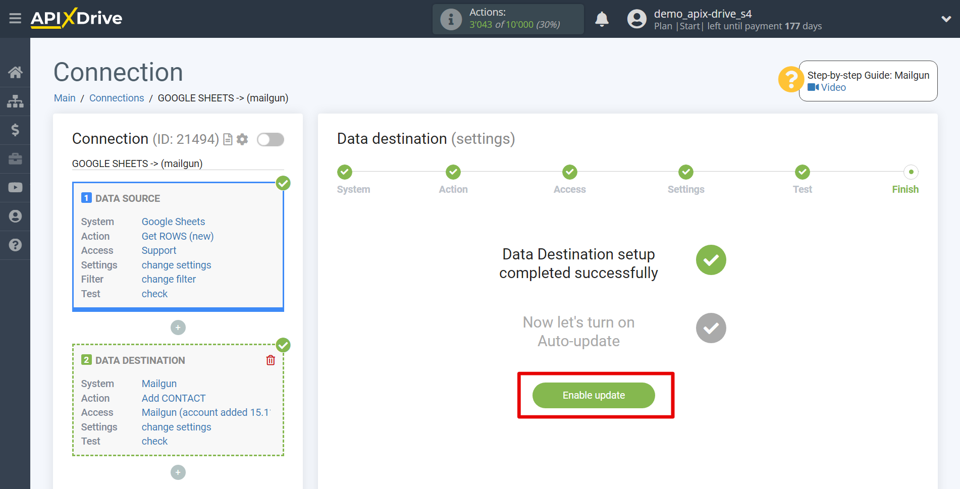 How to Connect Mailgun as Data Destination | Enable auto-update