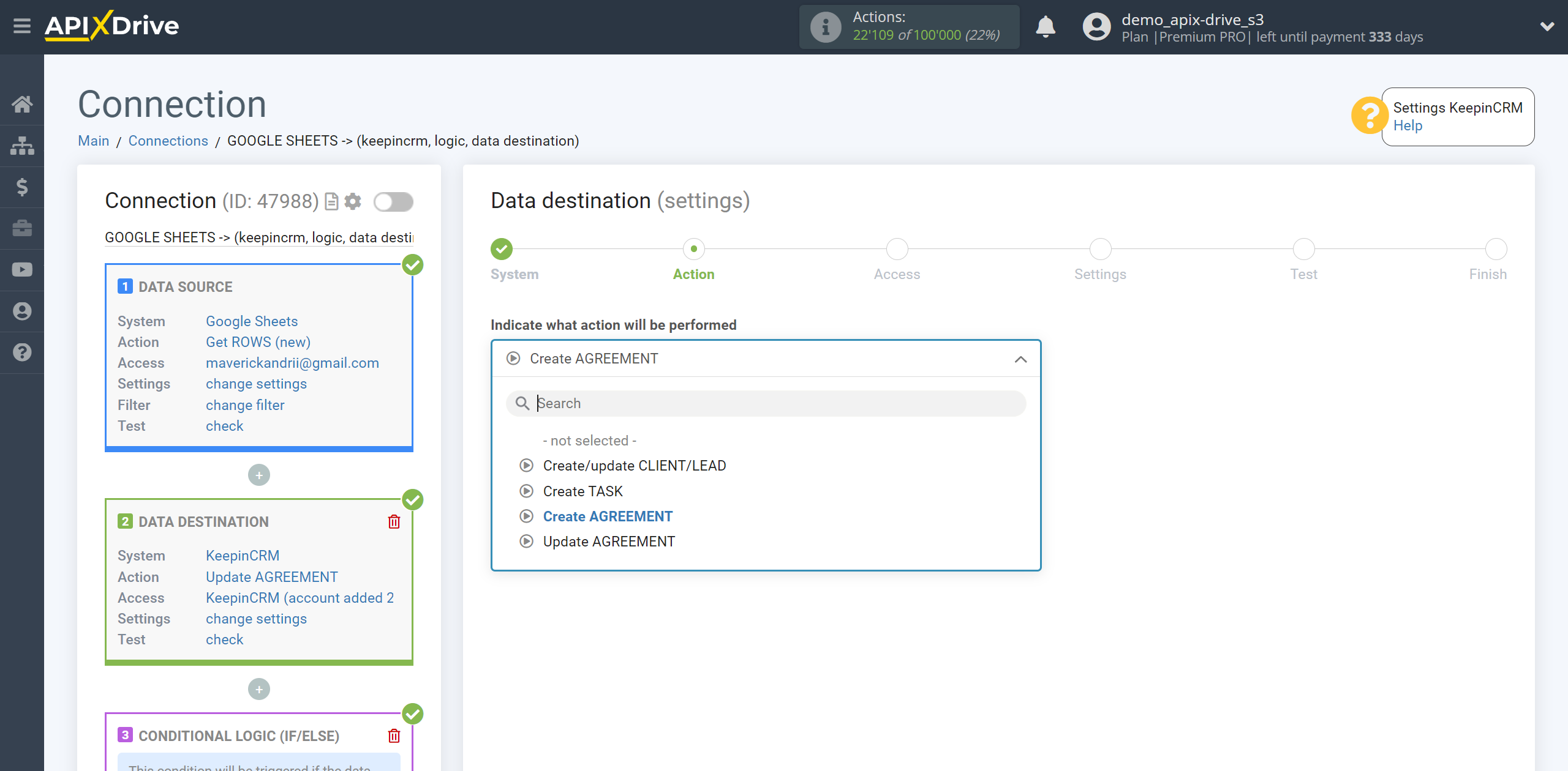 How to setup KeepinCRM Update Agreement / Create Agreement | Action selection