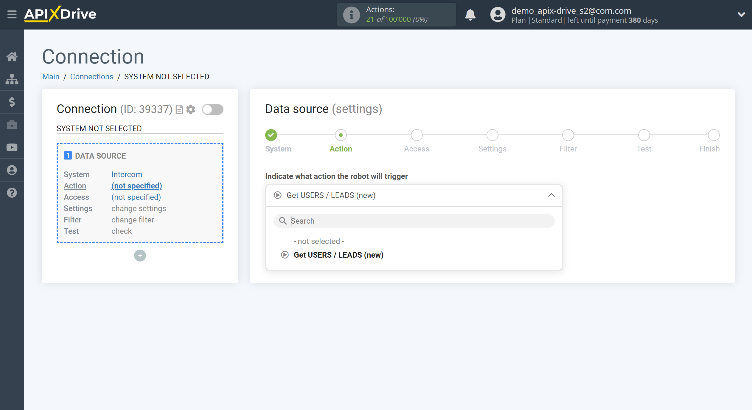 How to Connect Intercom as Data Source | Action selection