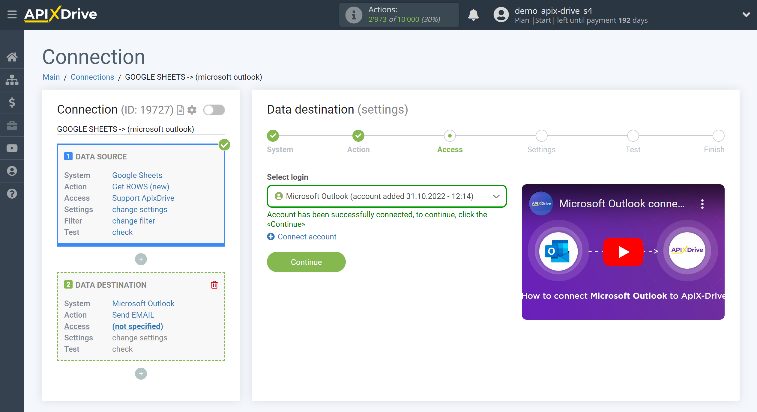 How to Connect Microsoft Outlook as Data Destination | Account selection