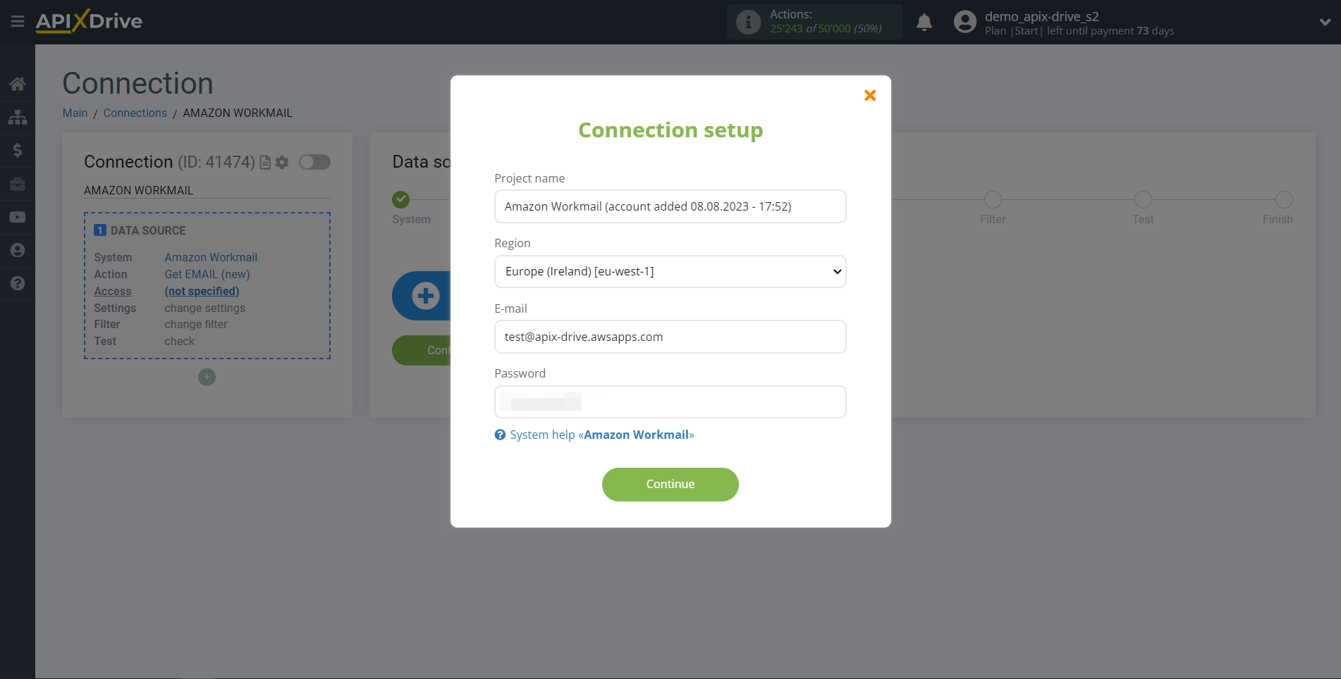 How to Connect Amazon Workmail as Data Source | Connection setup