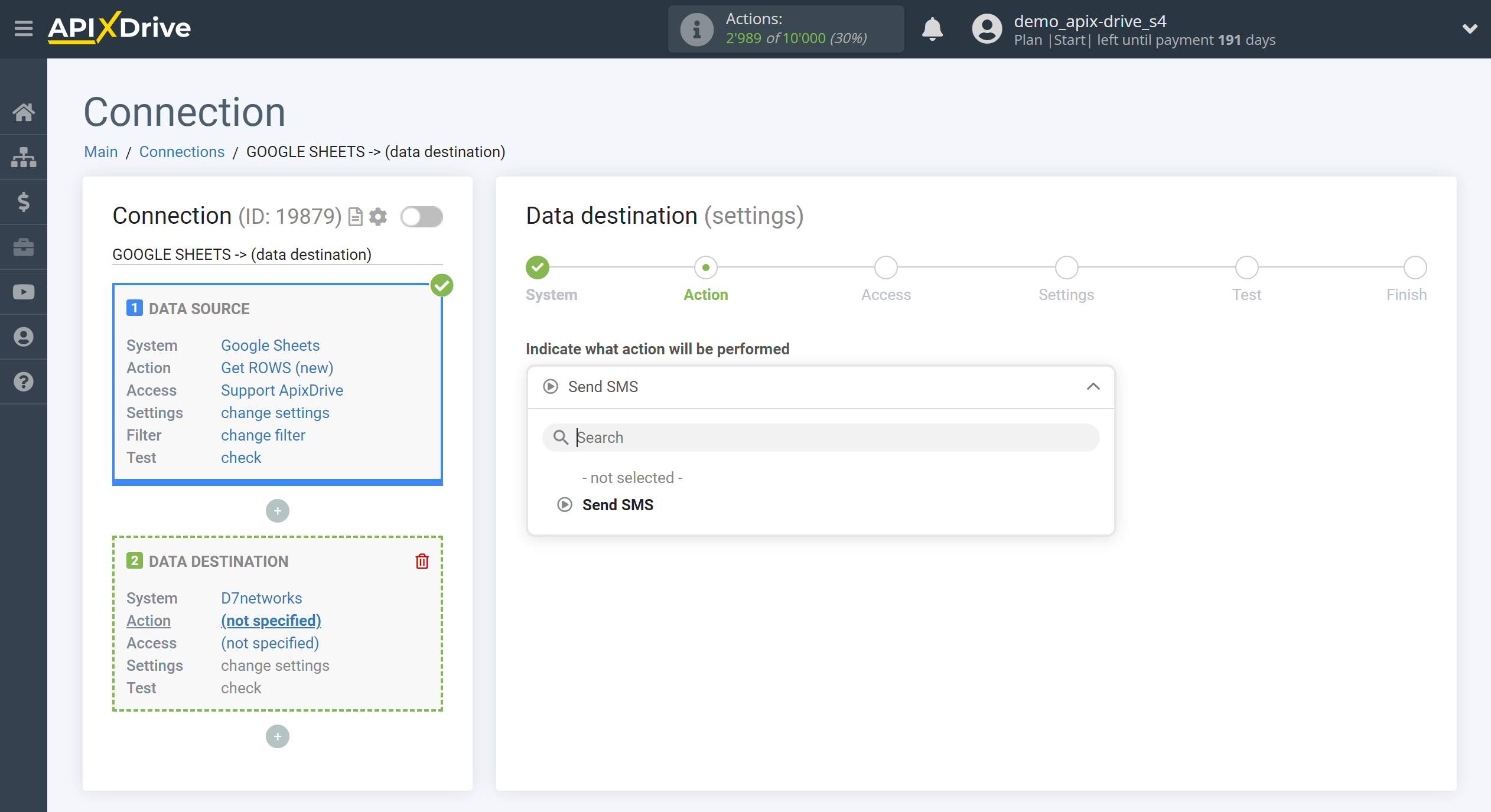 How to Connect D7 Networks as Data Destination | Action selection