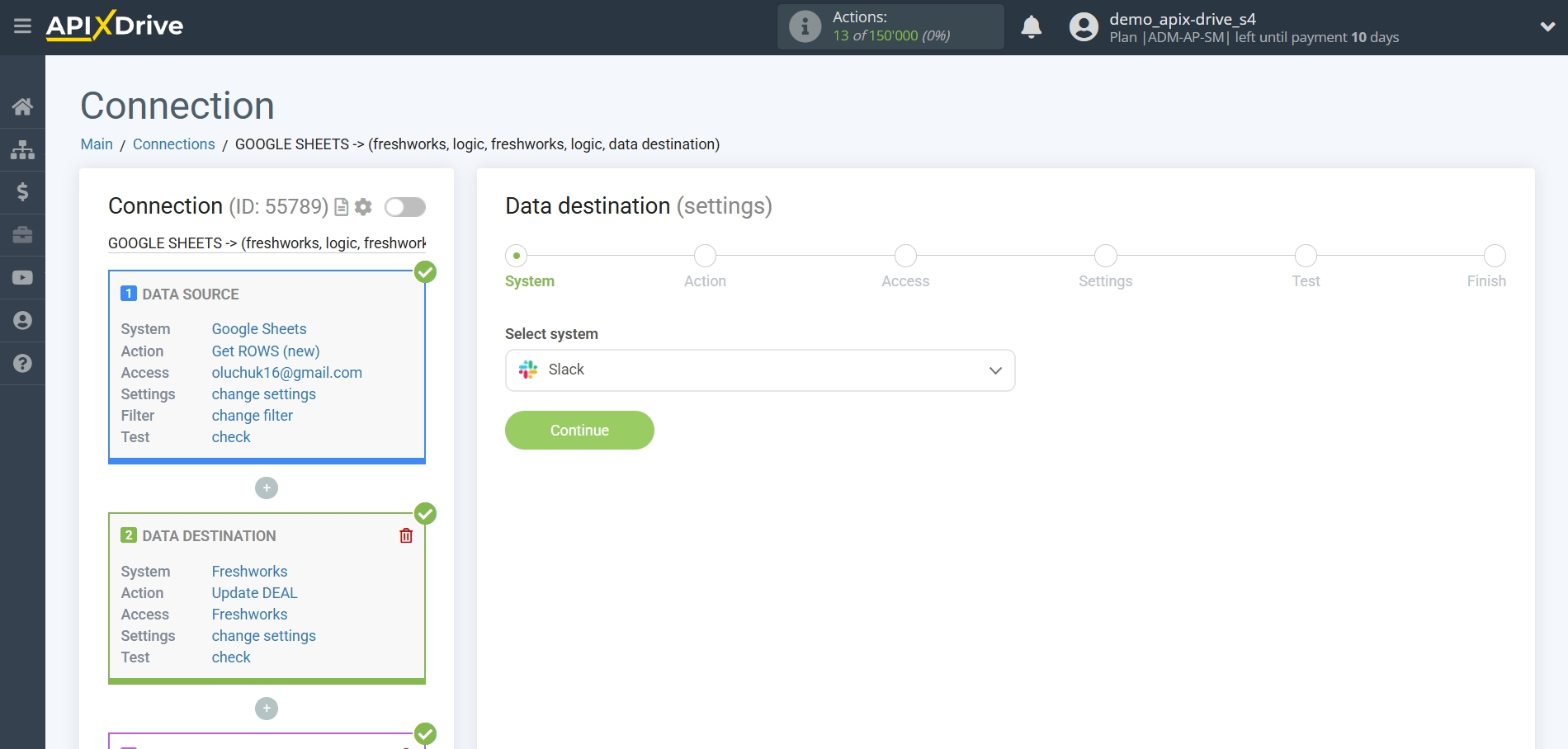How to setup&nbsp;Freshworks Update Deal / Create Deal | Selecting a Data Destination system