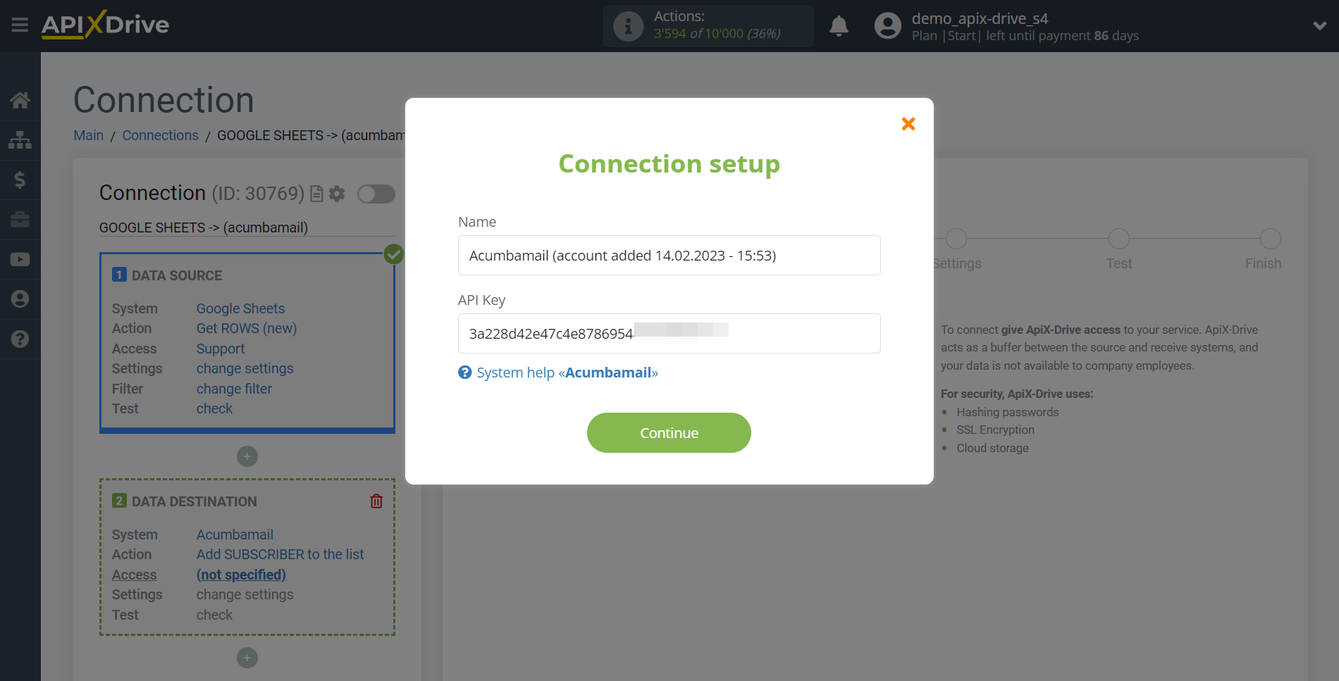 How to Connect Acumbamail as Data Destination | Account connection