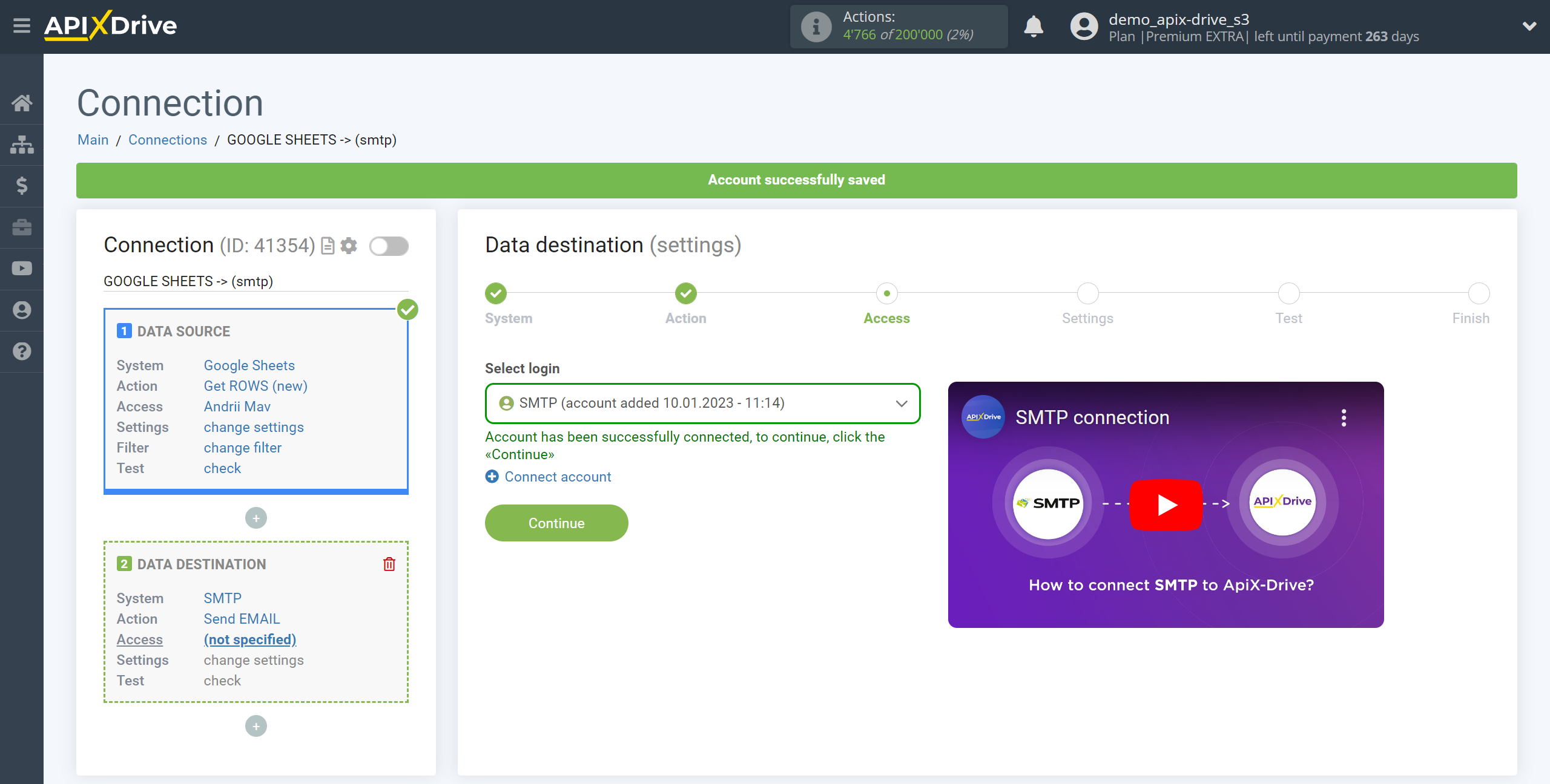 How to Connect SMTP as Data Destination | Account selection