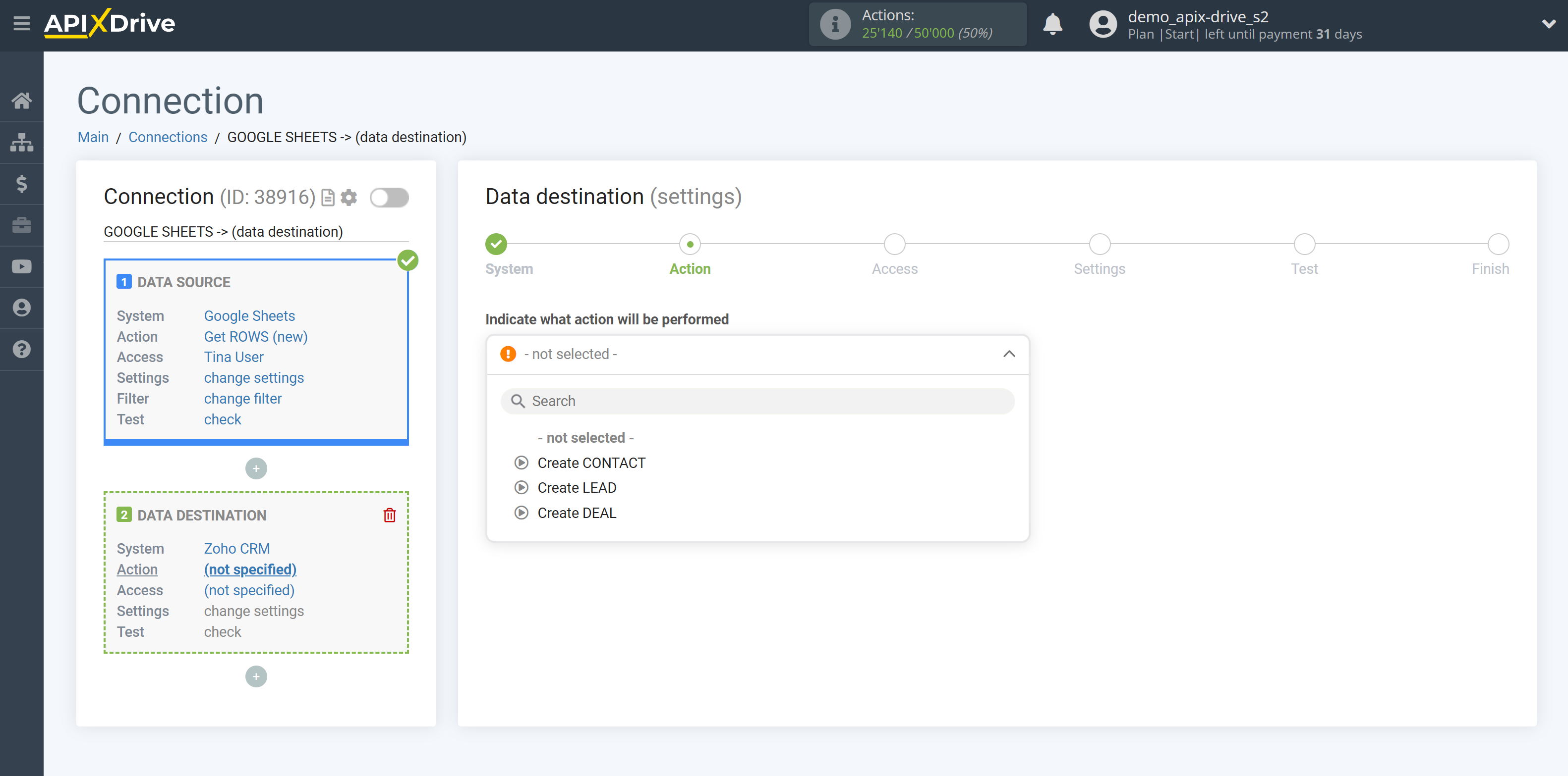 How to Connect Zoho CRM as Data Destination |&nbsp;Action selection